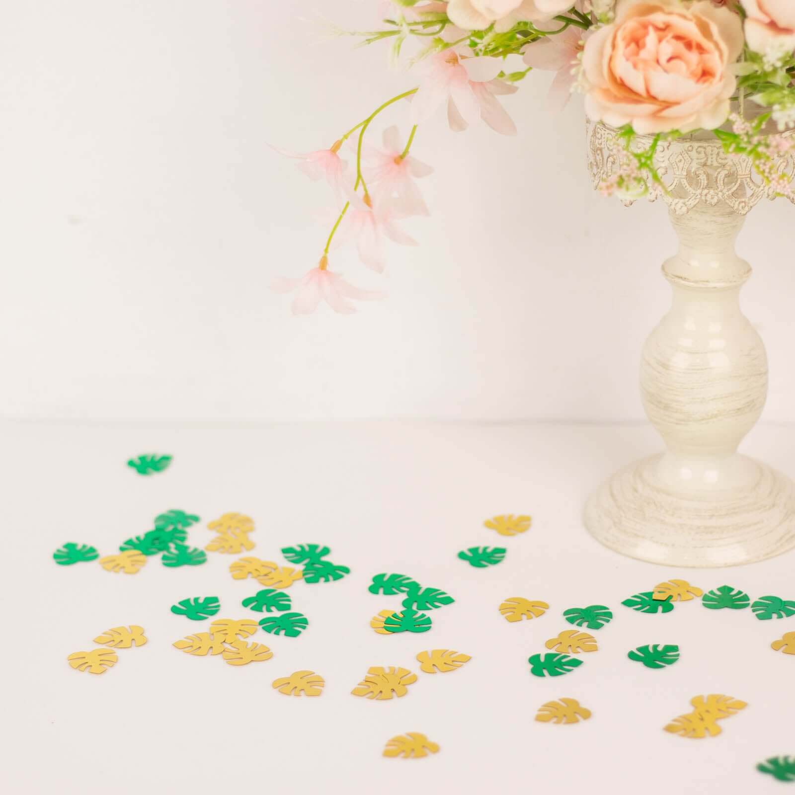 15G Bag Tropical Palm Leaf Table Confetti, Shiny Monstera Metallic Green and Gold Vibrant Eye-Catching Design