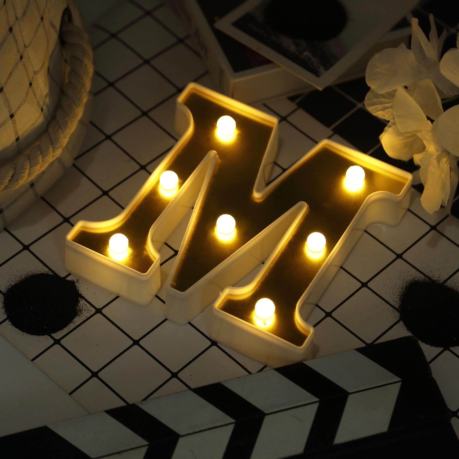 3D Marquee Letter "M" Warm White 7 LED Lights Gold - Chic Light-Up Decor for Events 6"