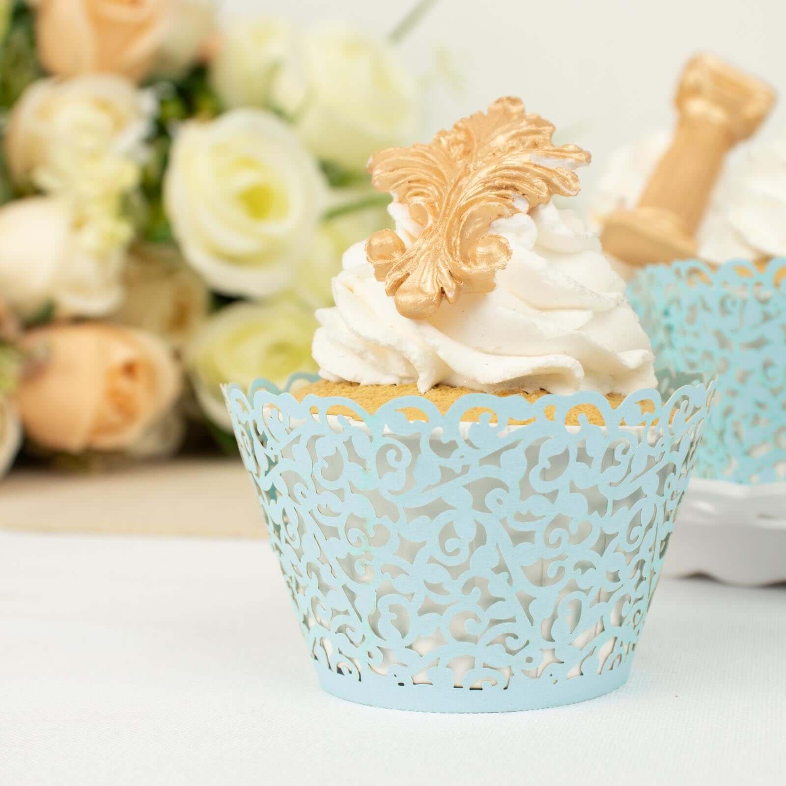 25-Pack Paper Cupcake Wrappers Lace Laser Cut Design Light Blue - Muffin Baking Cup Trays for Events
