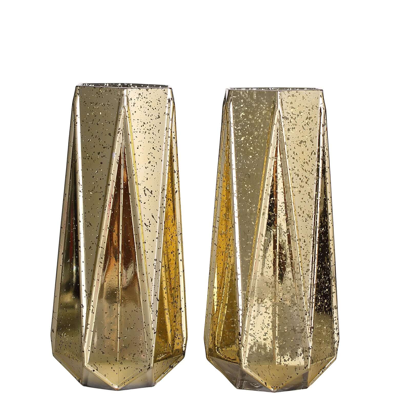 2-Pack Mercury Glass Vases Geometric Design Gold - Stylish Wedding Floral Centerpieces 8"