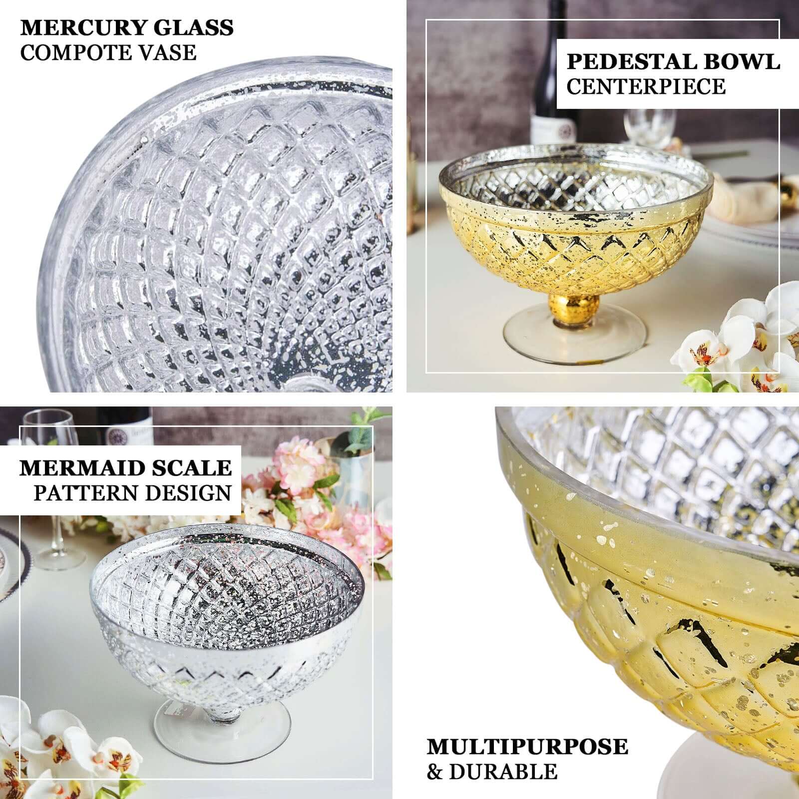 Mercury Glass Pedestal Bowl Vase Compote Style Gold - Sophisticated Floral Table Decor for Events 8"