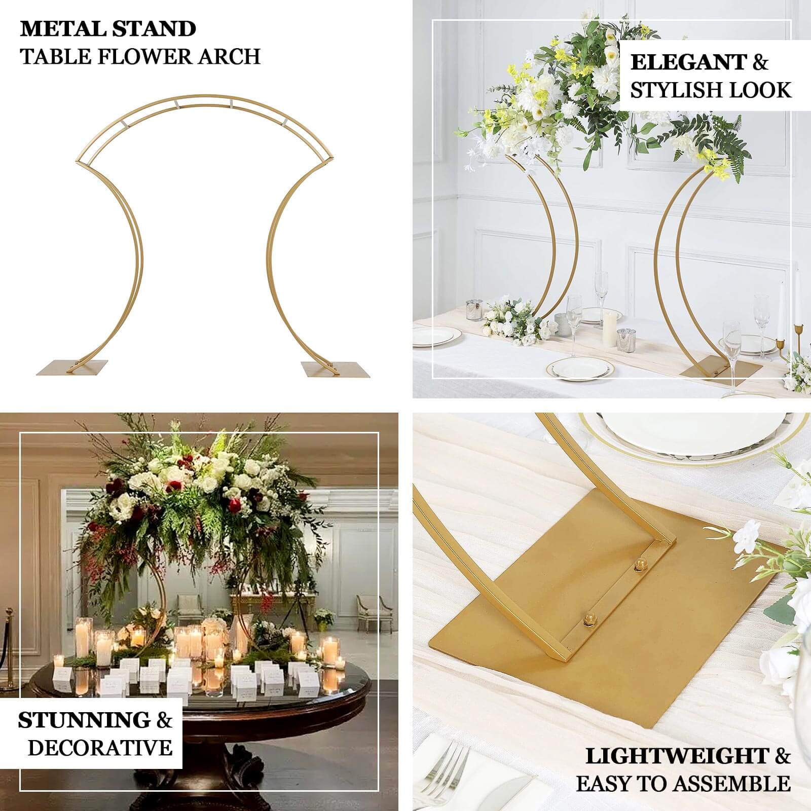 Metal Wedding Centerpiece Curvy Design Gold - Floral Arch Frame Table Stand 38"