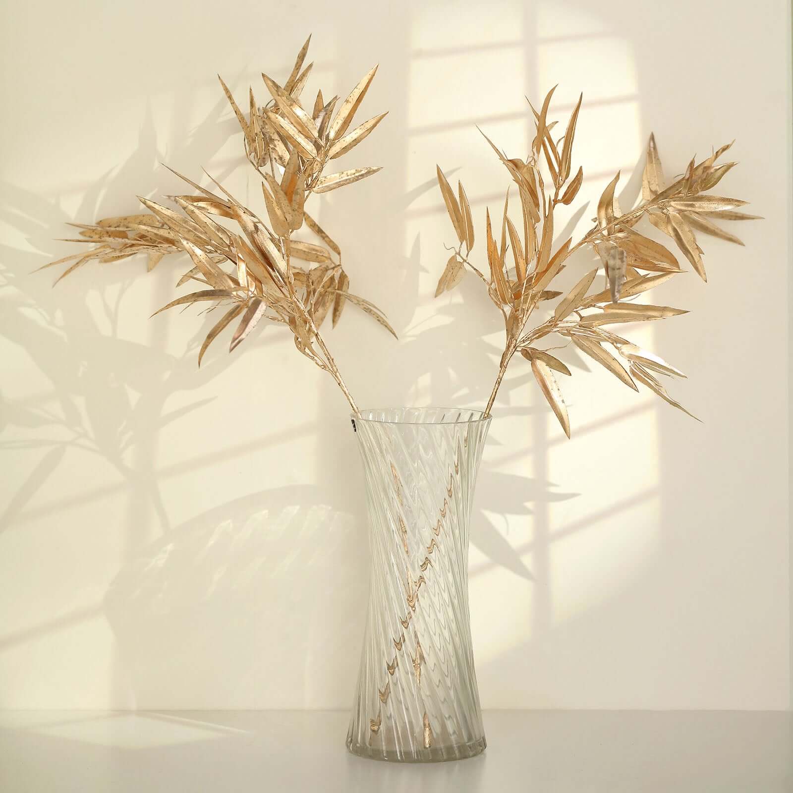 2-Pack Artificial Metallic Bamboo Leaf Branches Gold - Shiny Faux Plant Stems Vase Filler Floral Arrangement Centerpiece Decor 33"