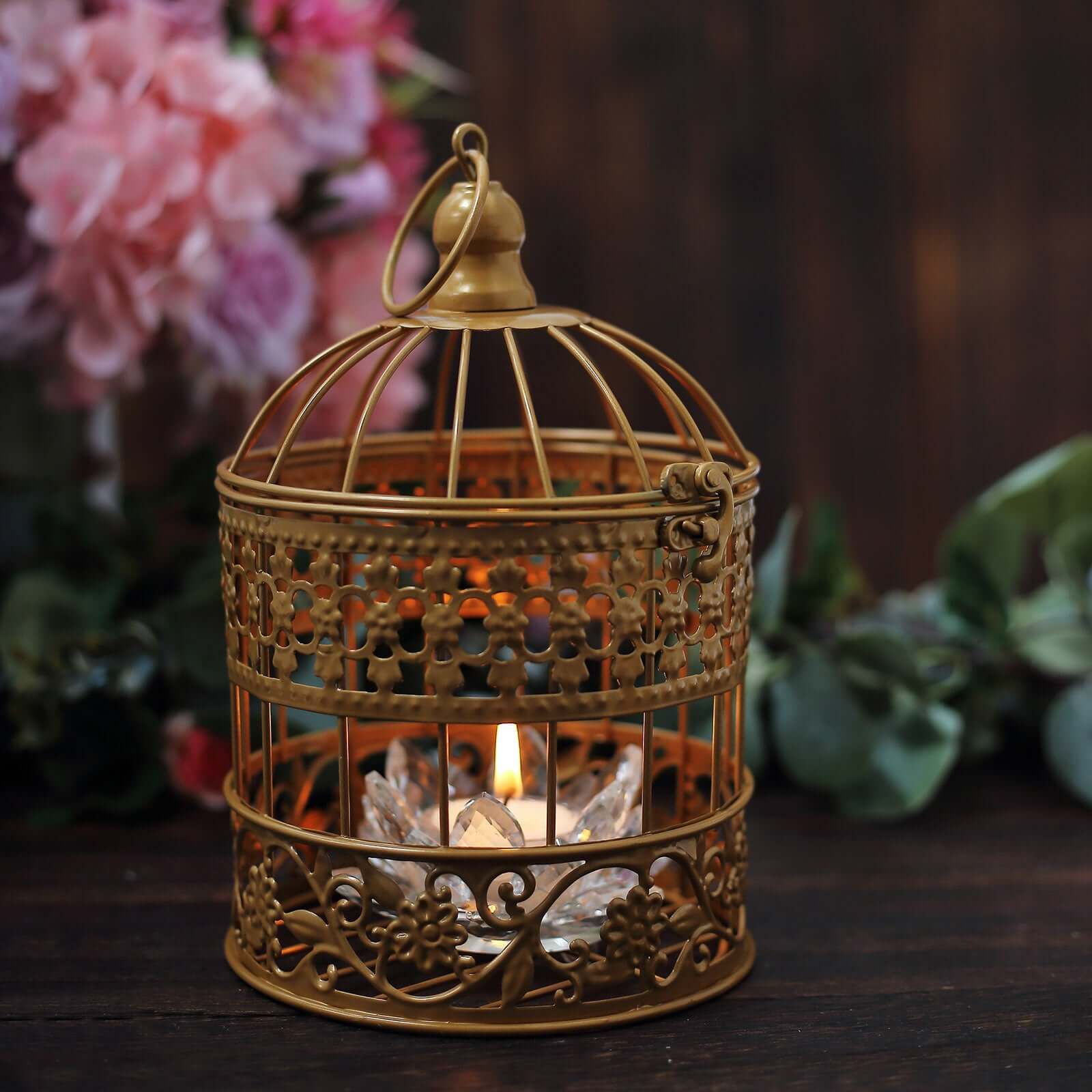 Set of 2 Card Holders Wrought Iron Bird Cage Design Metallic Gold - Decorative Display Stand 9"/13"