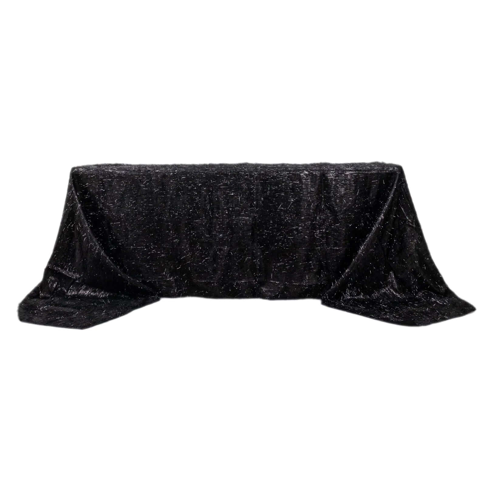 Polyester 90"x156" Rectangle Tablecloth Black Metallic Fringe Shag Tinsel Table Cover