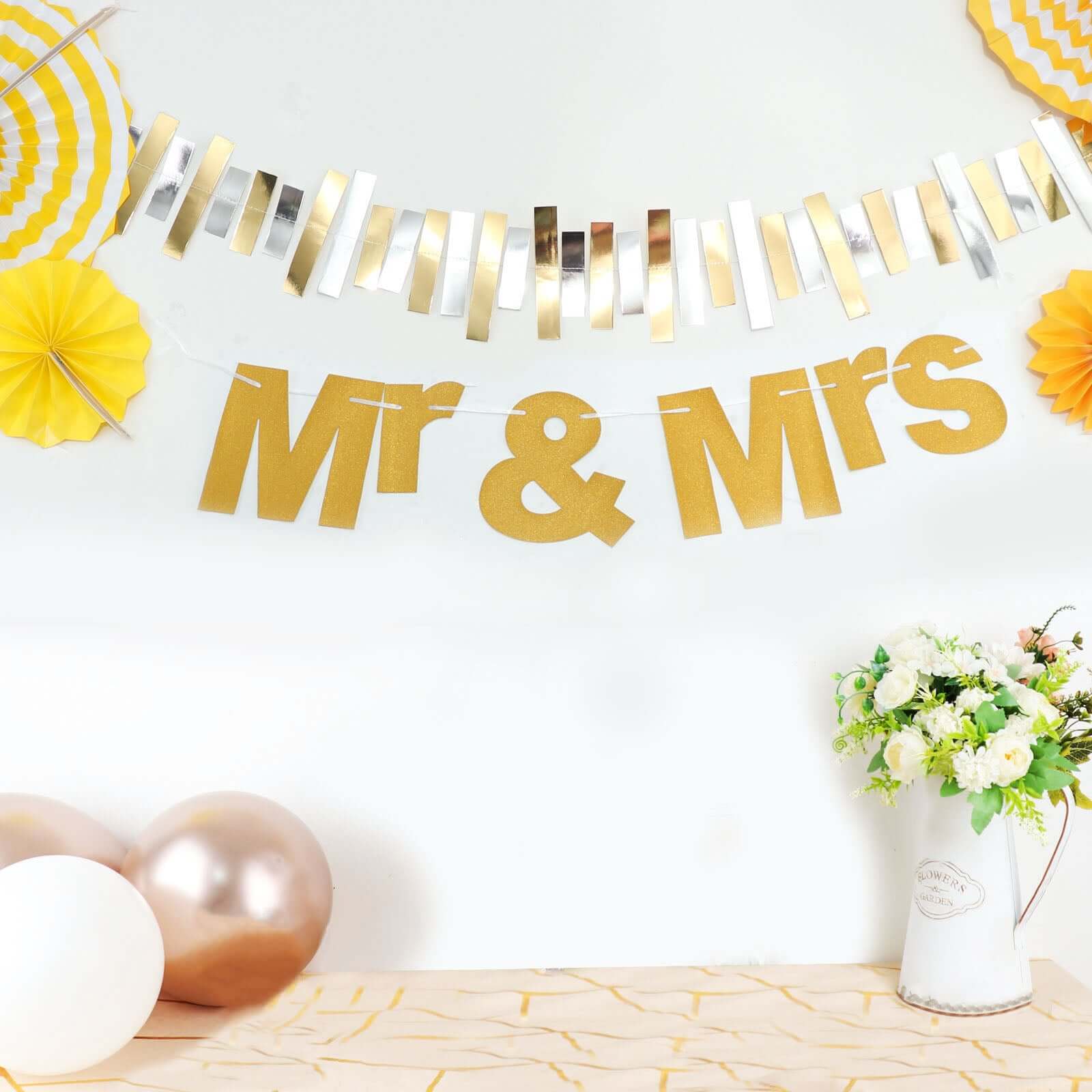 3ft Gold Glittered Mr and Mrs Paper Hanging Wedding Anniversary Banner, Party Garland Banner