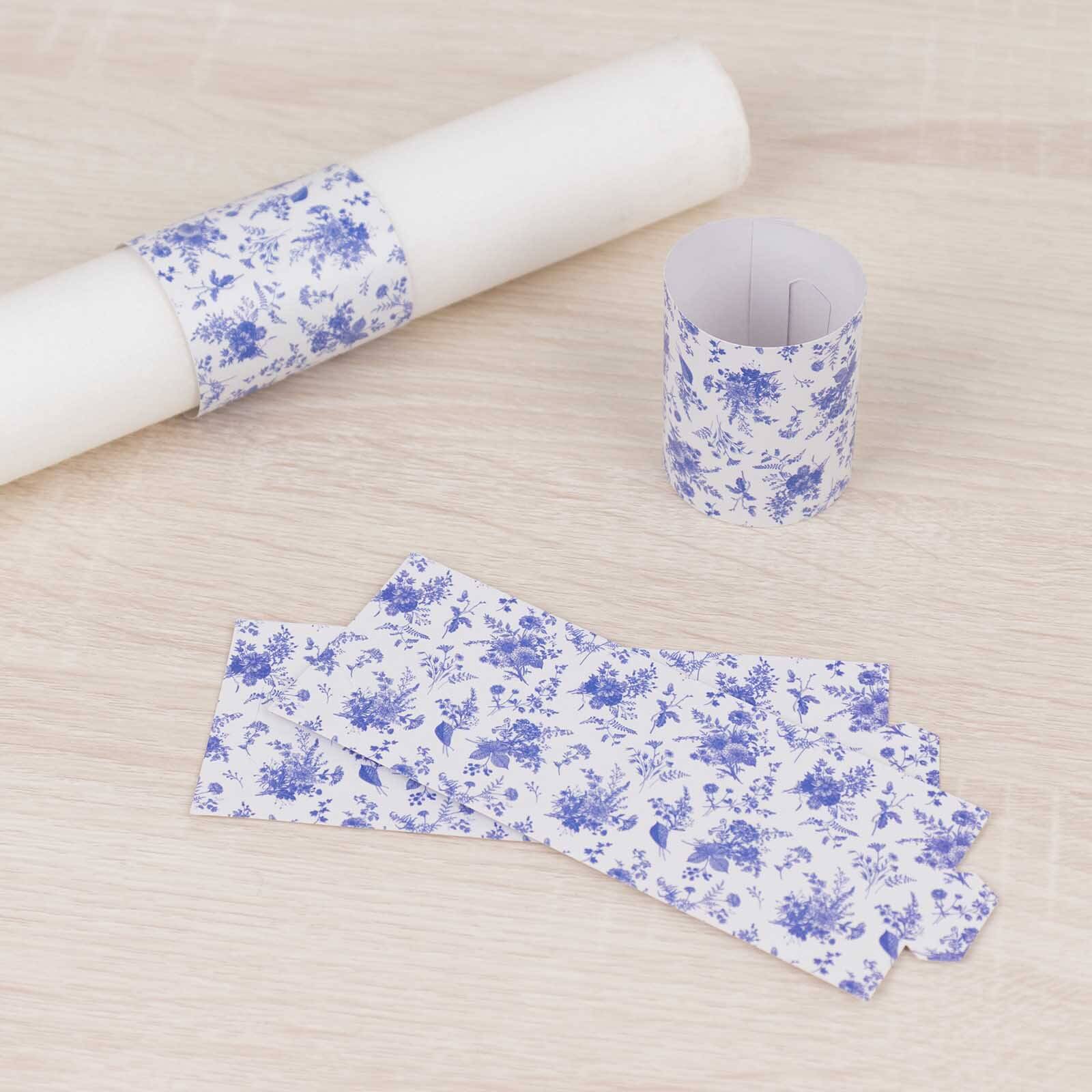 50 Pack White Blue Paper Napkin Holder Bands in French Toile Floral Pattern, Disposable Napkin Rings - 1.5"