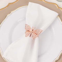 4 Pack Rose Gold Metal Butterfly Napkin Rings, Decorative Laser Cut Cloth Napkin Holders