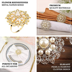 4 Pack Pearl And Diamond Rhinestone Flower Silver Metal Napkin Rings, Decorative Napkin Buckle Holders