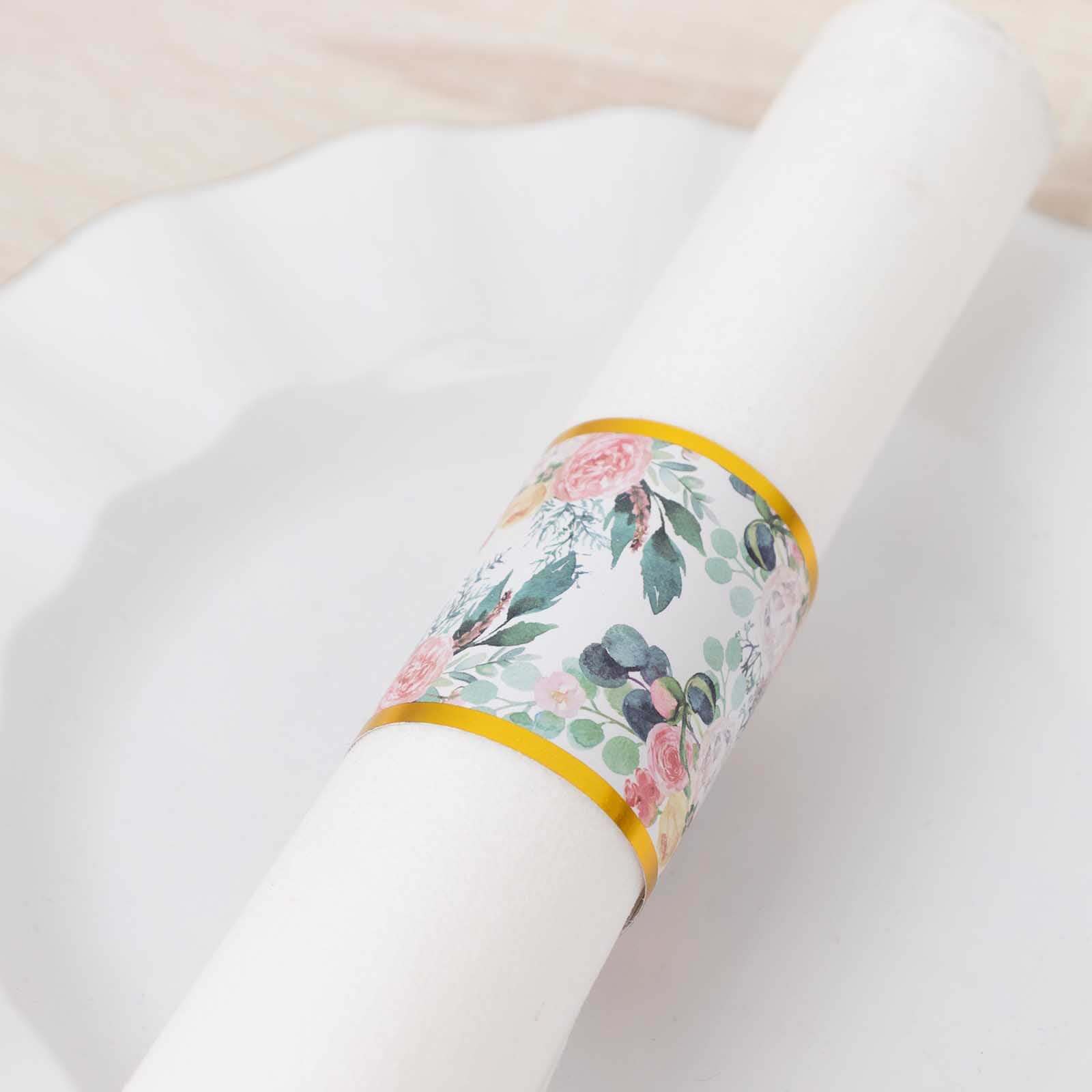 50 Pack Pink Peony Floral Paper Napkin Holder Bands with Gold Edge, Disposable Napkin Rings - 1.5"