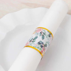 50 Pack Pink Peony Floral Paper Napkin Holder Bands with Gold Edge, Disposable Napkin Rings - 1.5"