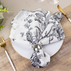 5 Pack Polyester 20"x20" Dinner Napkins White with Black French Toile Pattern - Reusable Floral Cloth Napkins