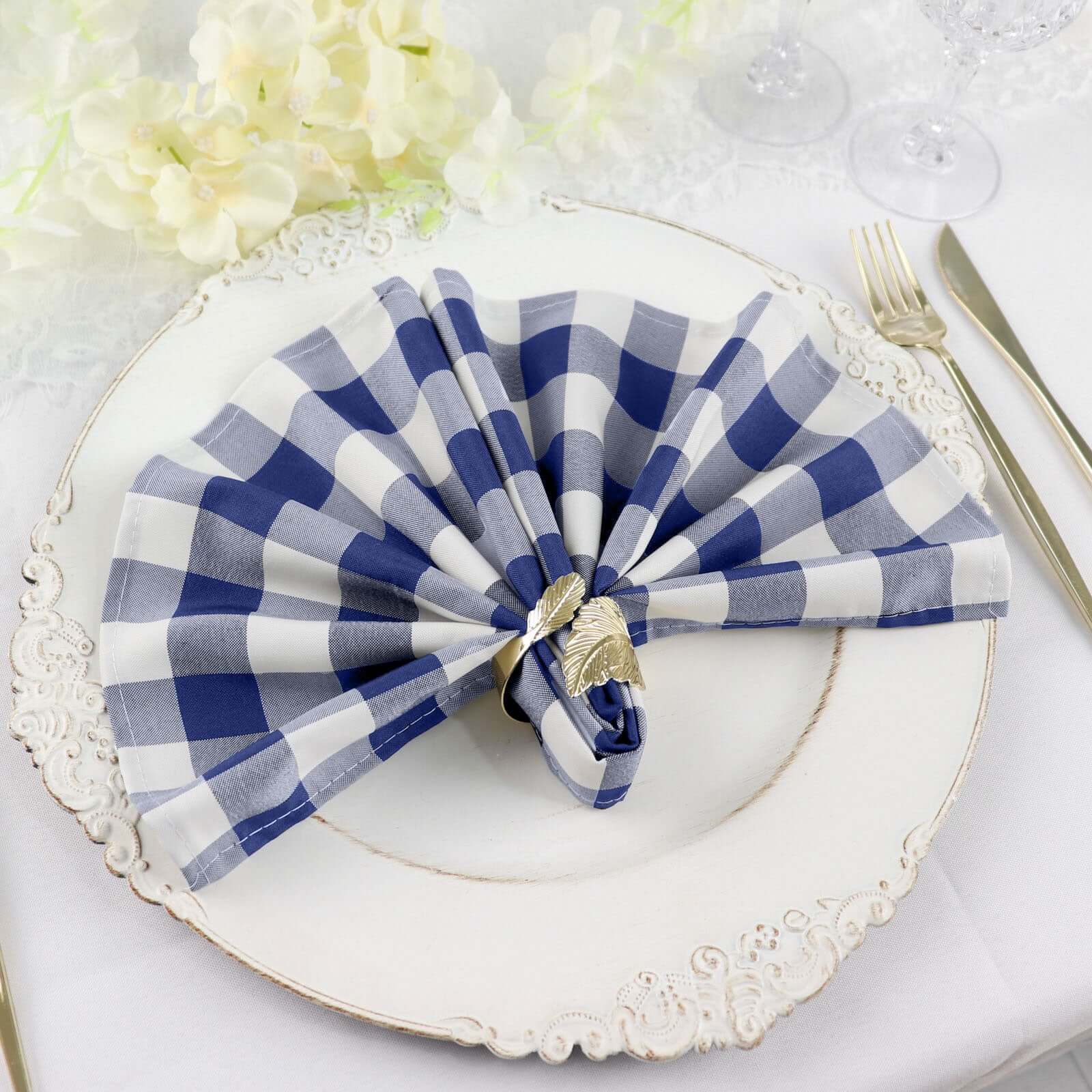 5 Pack Polyester 15"x15" Napkins Navy Blue/White Buffalo Plaid Gingham Style Cloth Napkins