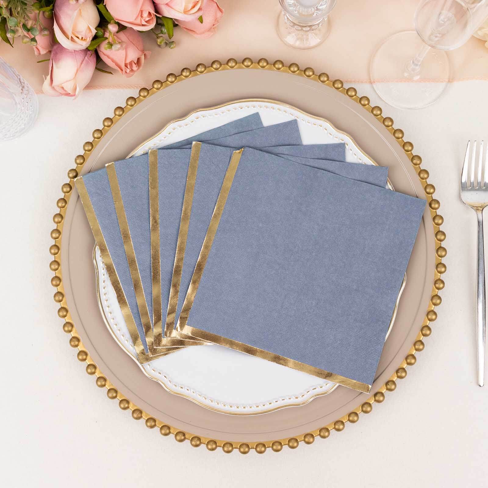 50-Pack Paper Beverage Napkins with Gold Foil Edge Dusty Blue - Disposable 2 Ply Cocktail Napkins for Events 6.5"x6.5"