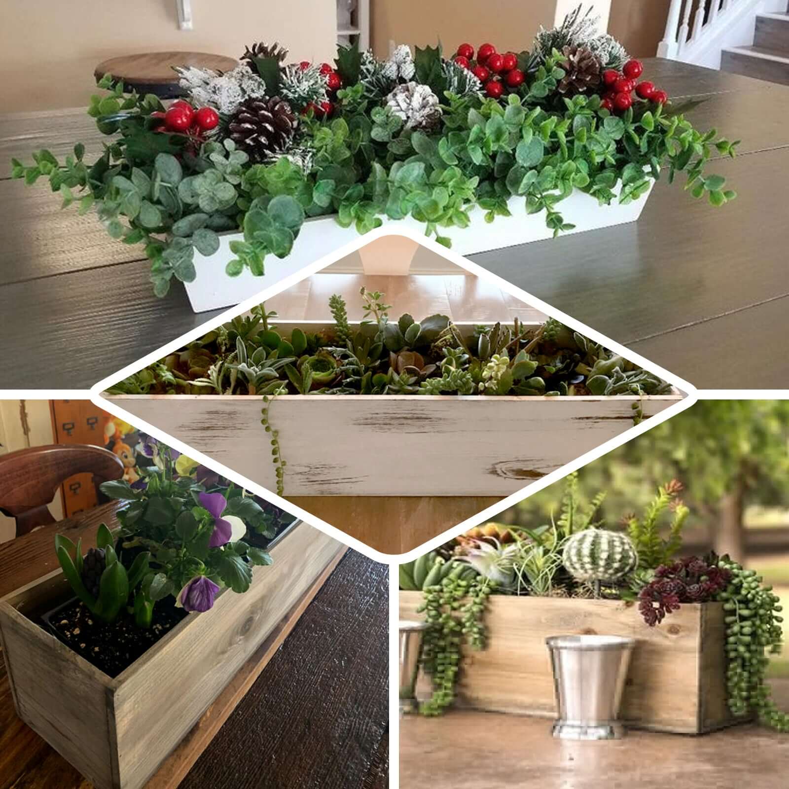 Natural Wood Planter Rectangular Box 24"x6"- Natural Decor with Removable Plastic Liner for Tables