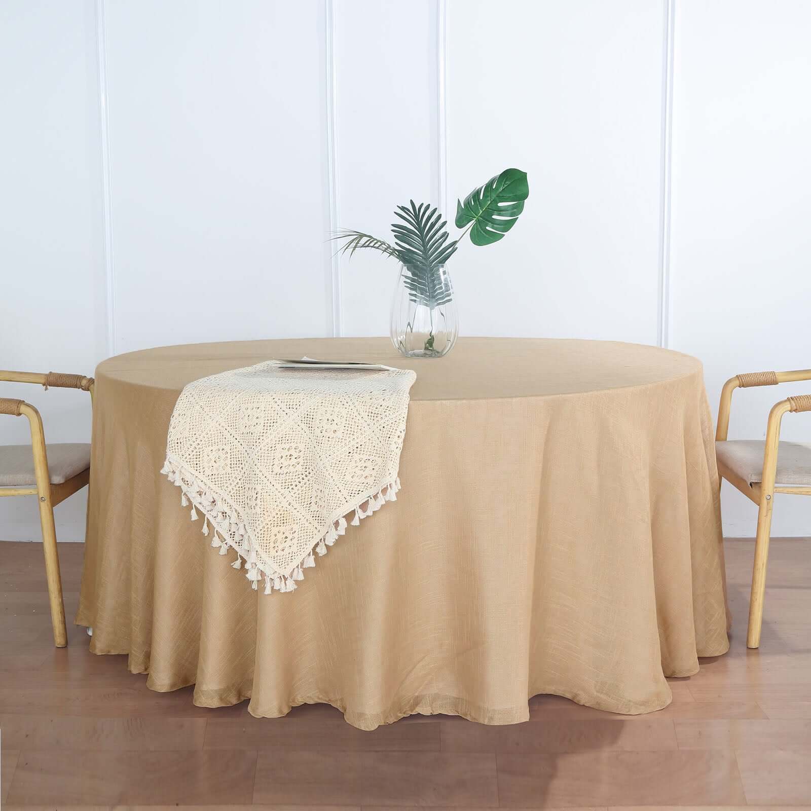 Faux Linen 120" Round Tablecloth Natural - Slubby Texture Wrinkle-Resistant Seamless Table Cover