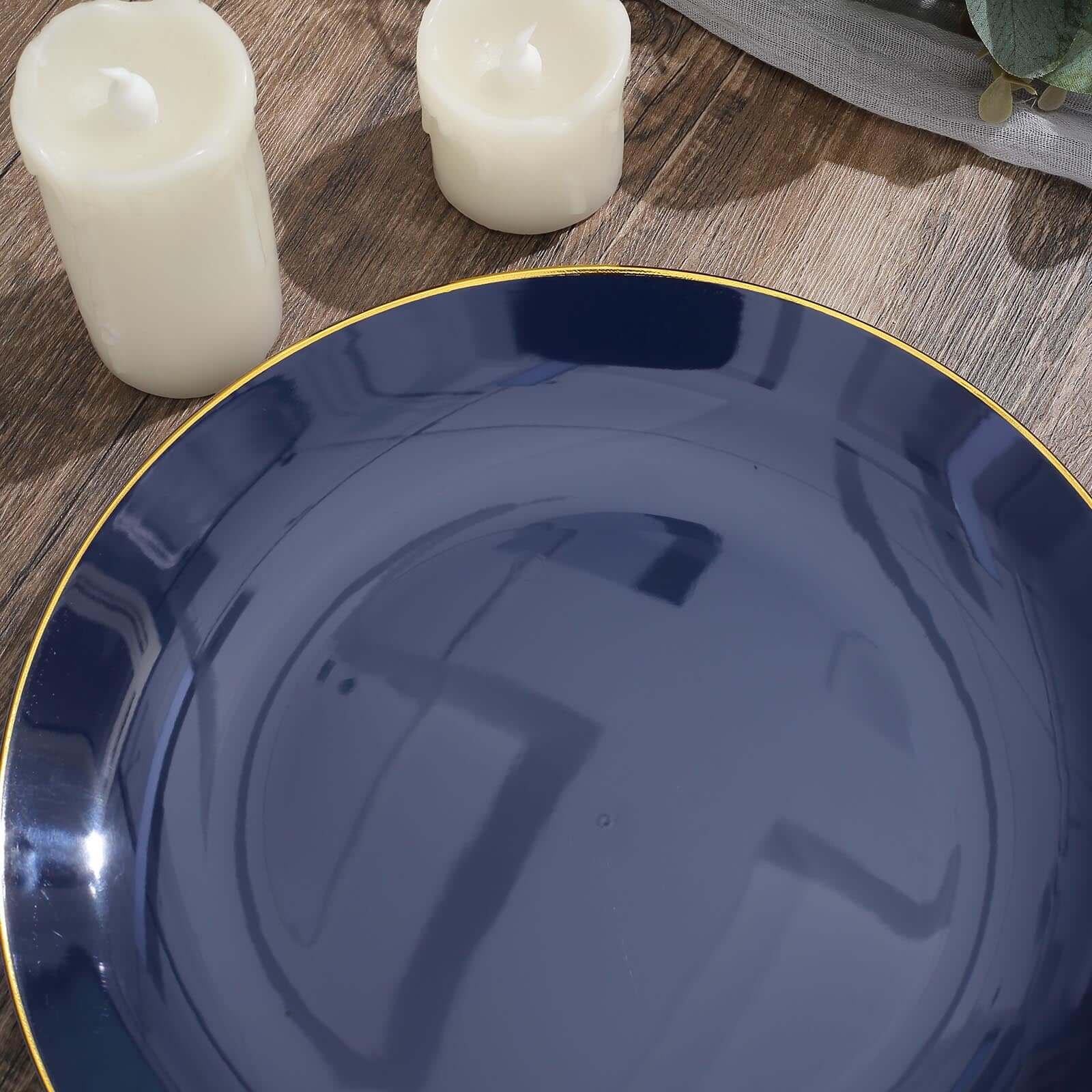 10-Pack Plastic 10" Round Dinner Plates in Navy Blue with Gold Rim - Glossy Disposable Party Plates