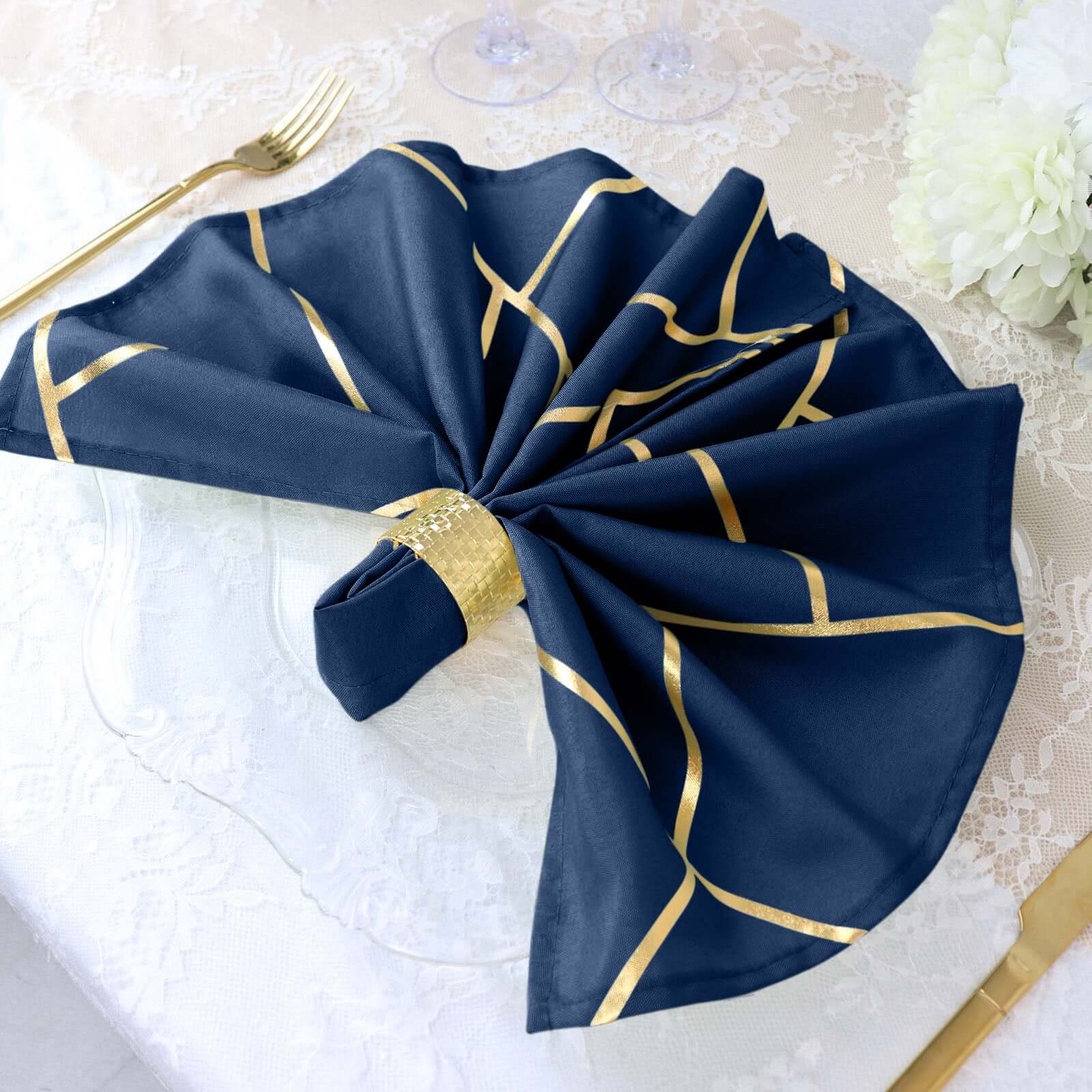 5 Pack Polyester 20"x20" Napkins Navy Blue with Gold Geometric Foil Pattern - Modern Reusable Dinner Napkins