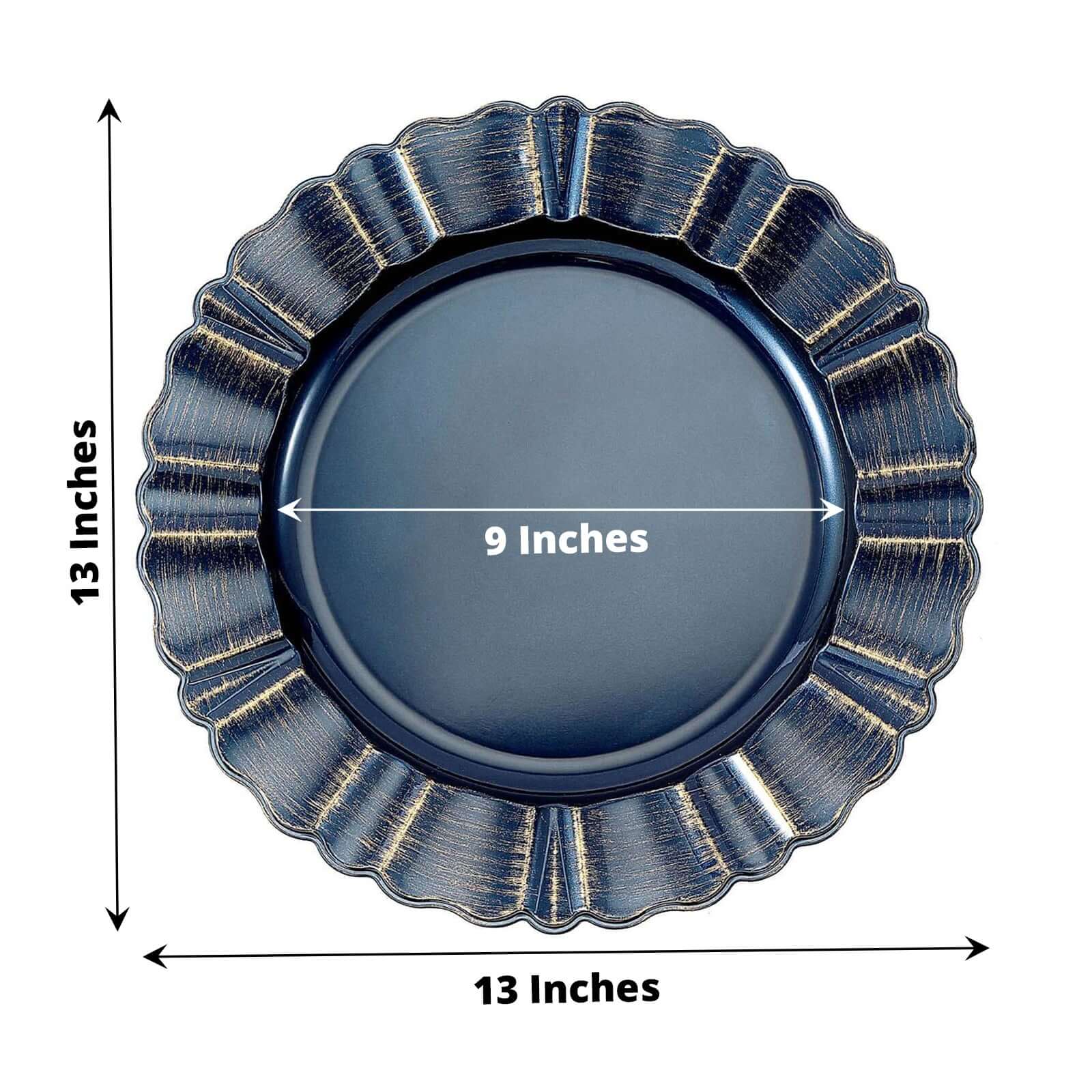 6-Pack Acrylic Plastic Round Charger Plates 13" in Navy Blue with Gold Brushed Wavy Scalloped Rim, Decorative Dinner Party Charger Tableware