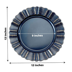 6-Pack Acrylic Plastic Round Charger Plates 13" in Navy Blue with Gold Brushed Wavy Scalloped Rim, Decorative Dinner Party Charger Tableware