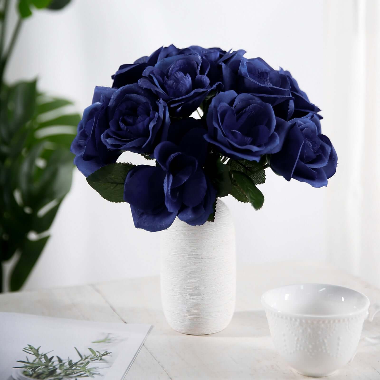 12" Navy Blue Artificial Velvet-Like Fabric Rose Flower Bouquet Bush