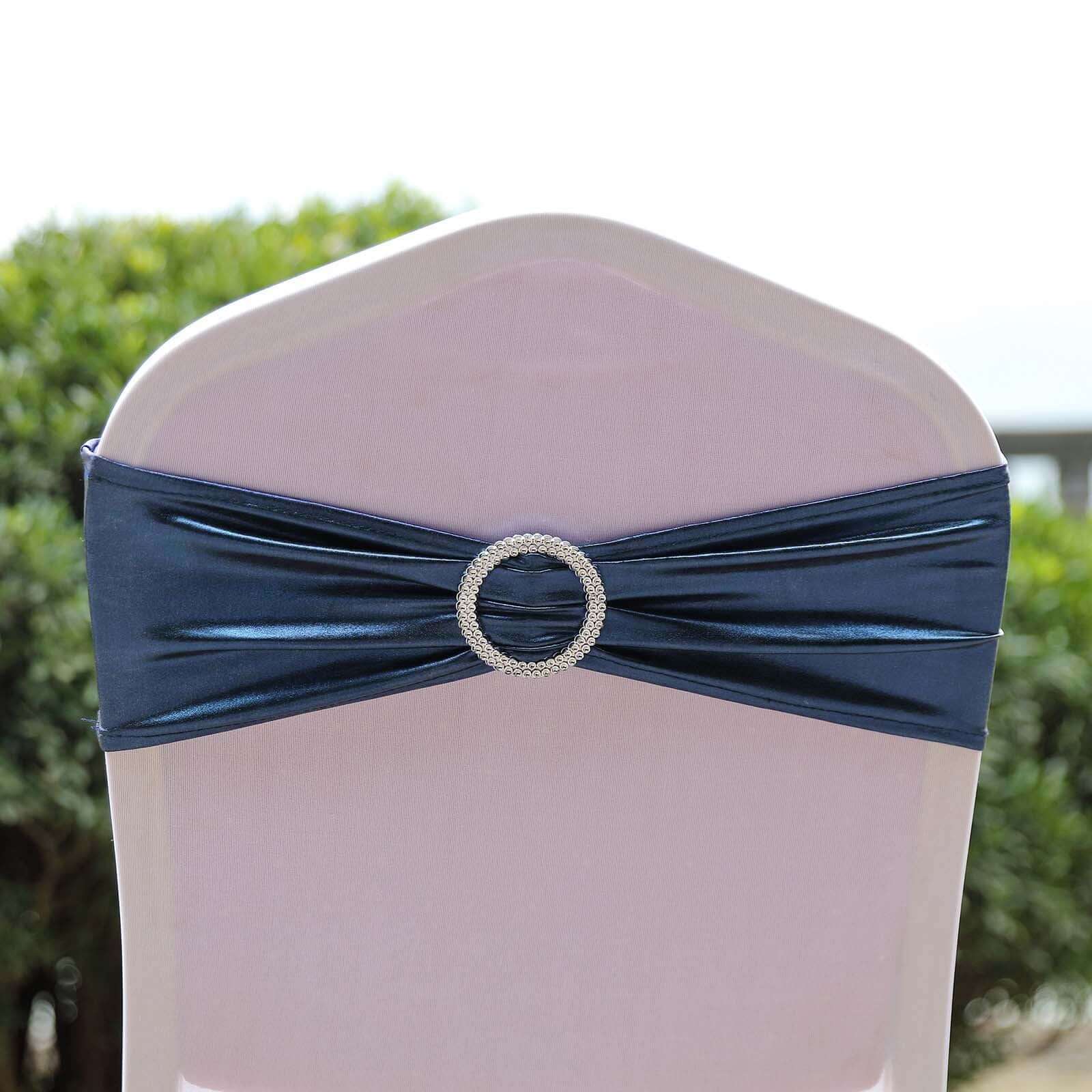 5 Pack Metallic Spandex Chair Sashes Navy Blue - Stretch Fit Chair Bands With Round Diamond Buckles