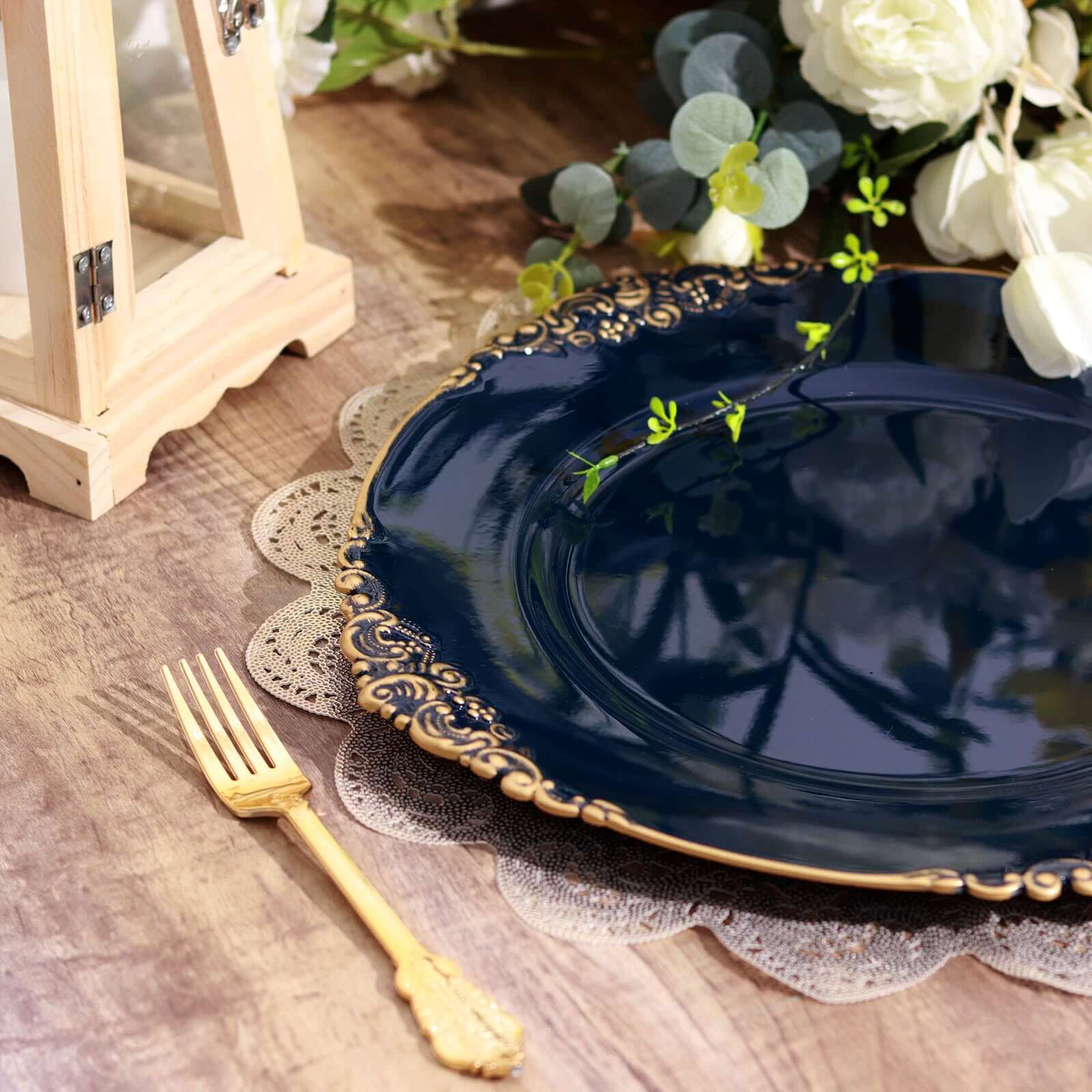 6-Pack Acrylic Round Charger Plates 13" in Navy Blue with Gold Embossed Baroque Rim, Antique Decorative Dinner Party Charger Tableware