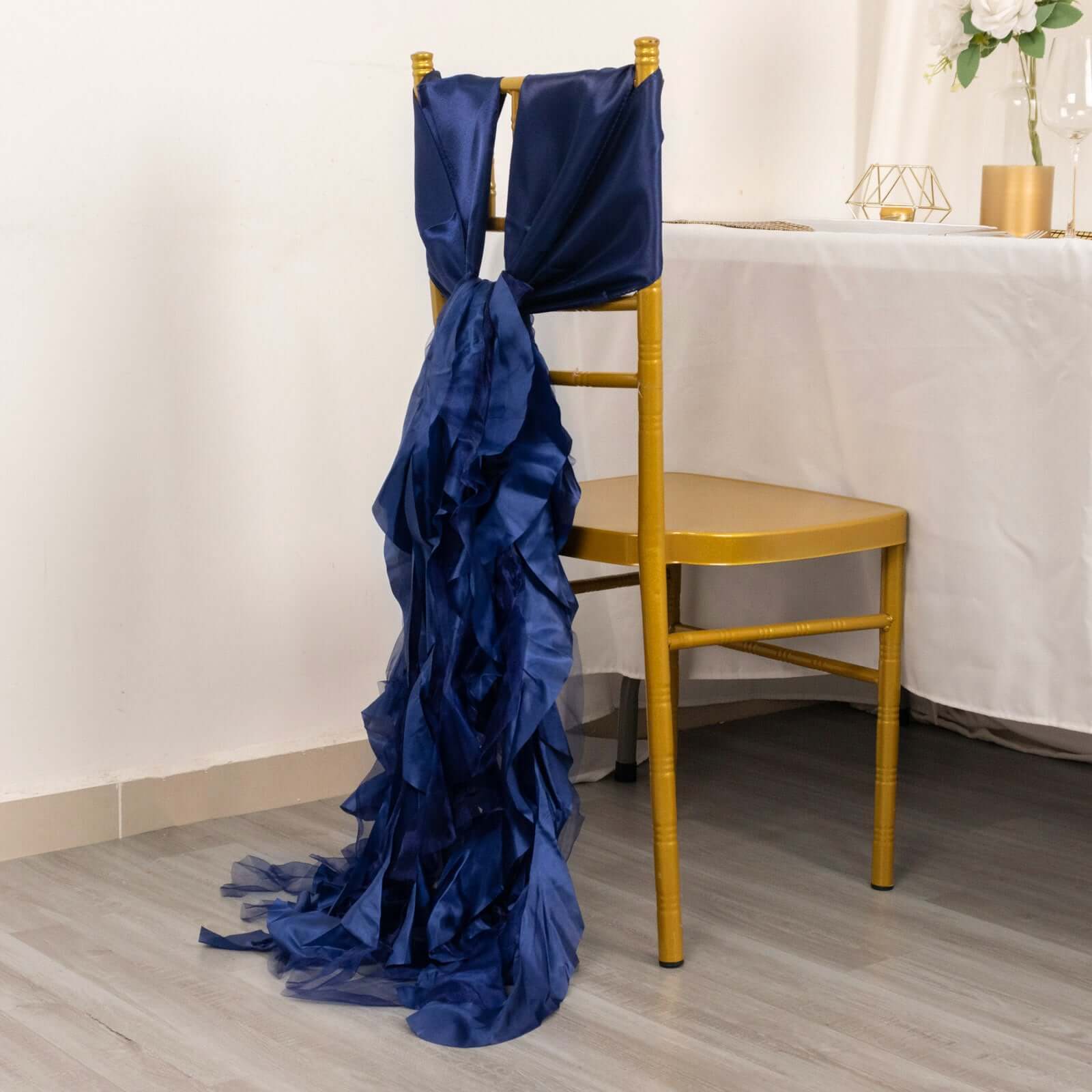 5 Pack Chiffon Satin Chair Sashes Navy Blue - Easy to Install Ruffled Curly Willow