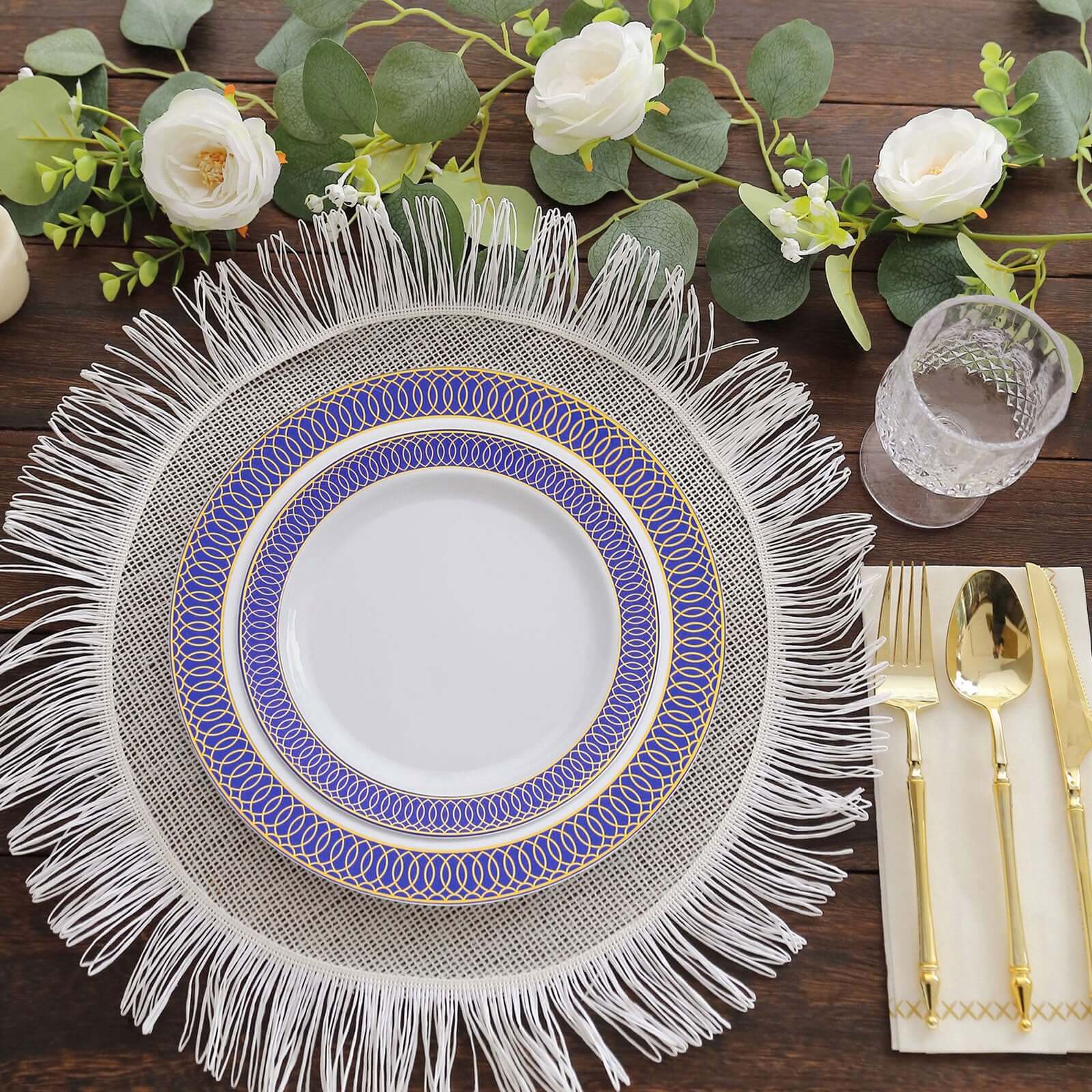 10-Pack Plastic Round Dinner Plates 10" White with Navy Blue Gold Spiral Rim - Chic Disposable Party Plates