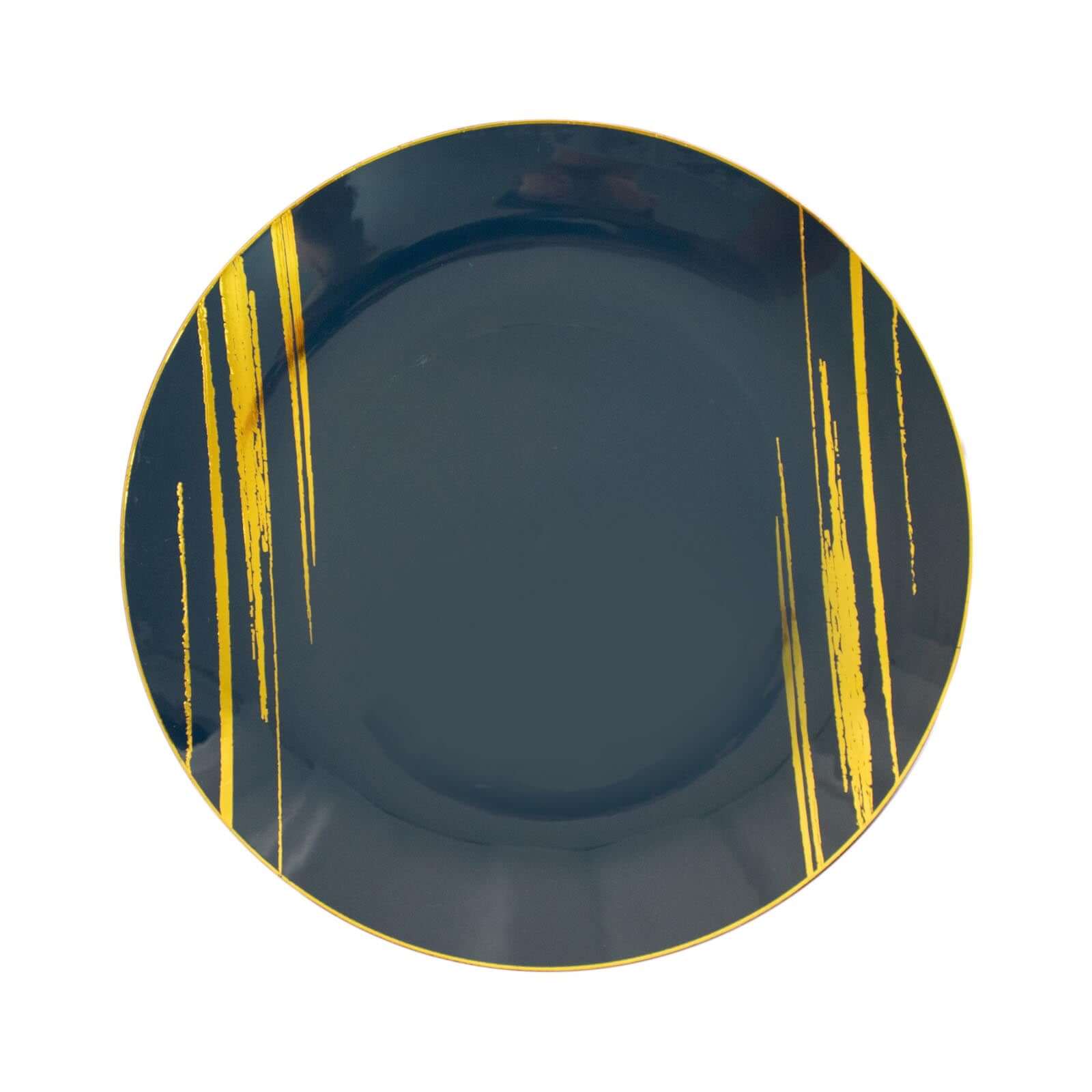 10-Pack Plastic 7" Round Dessert Plates in Navy Blue with Gold Brush Stroked Print - Disposable Appetizer Salad Plates