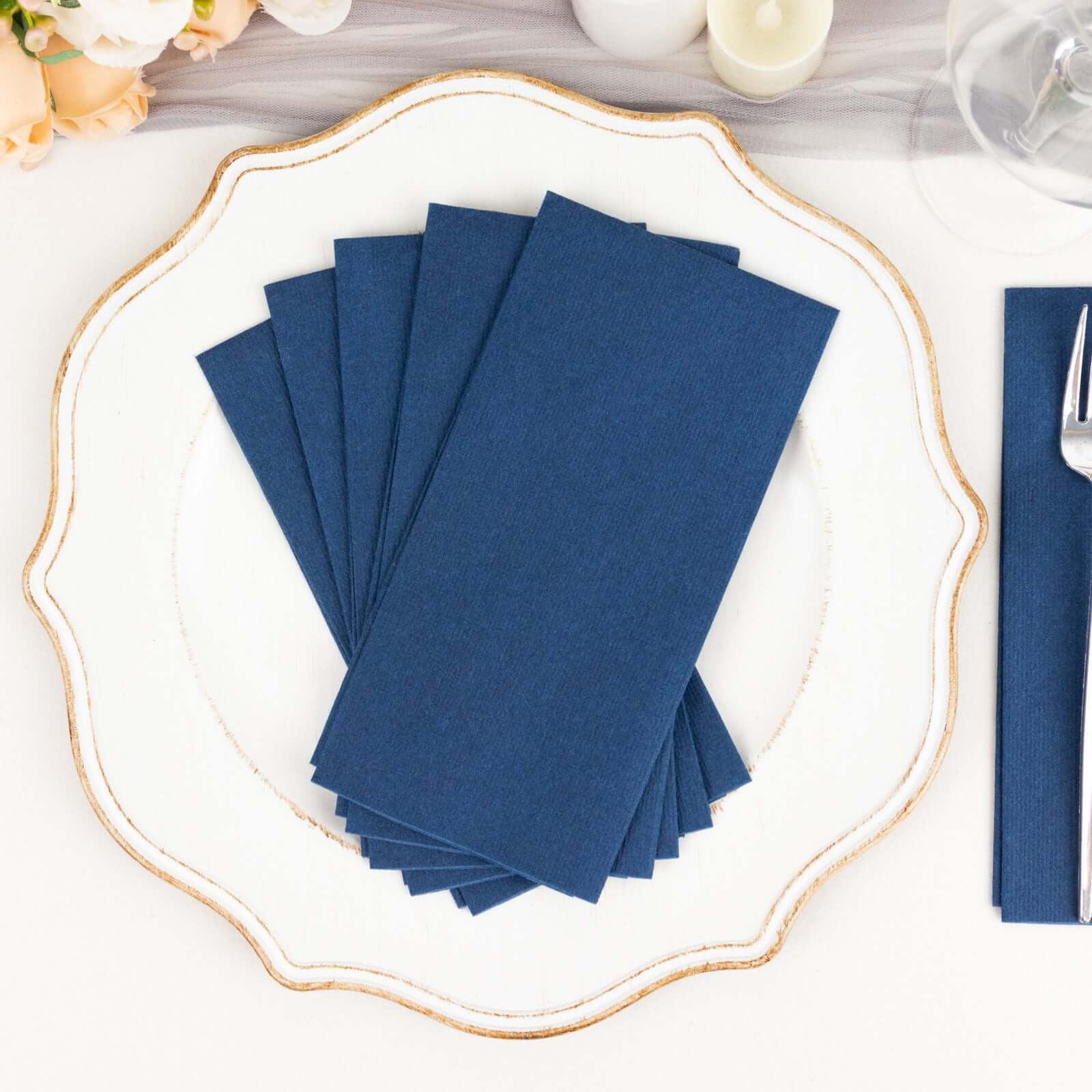20 Pack Linen-Like Paper 8.5"x4" Napkins Navy Blue - Highly Absorbent & Disposable Airlaid Guest Towels