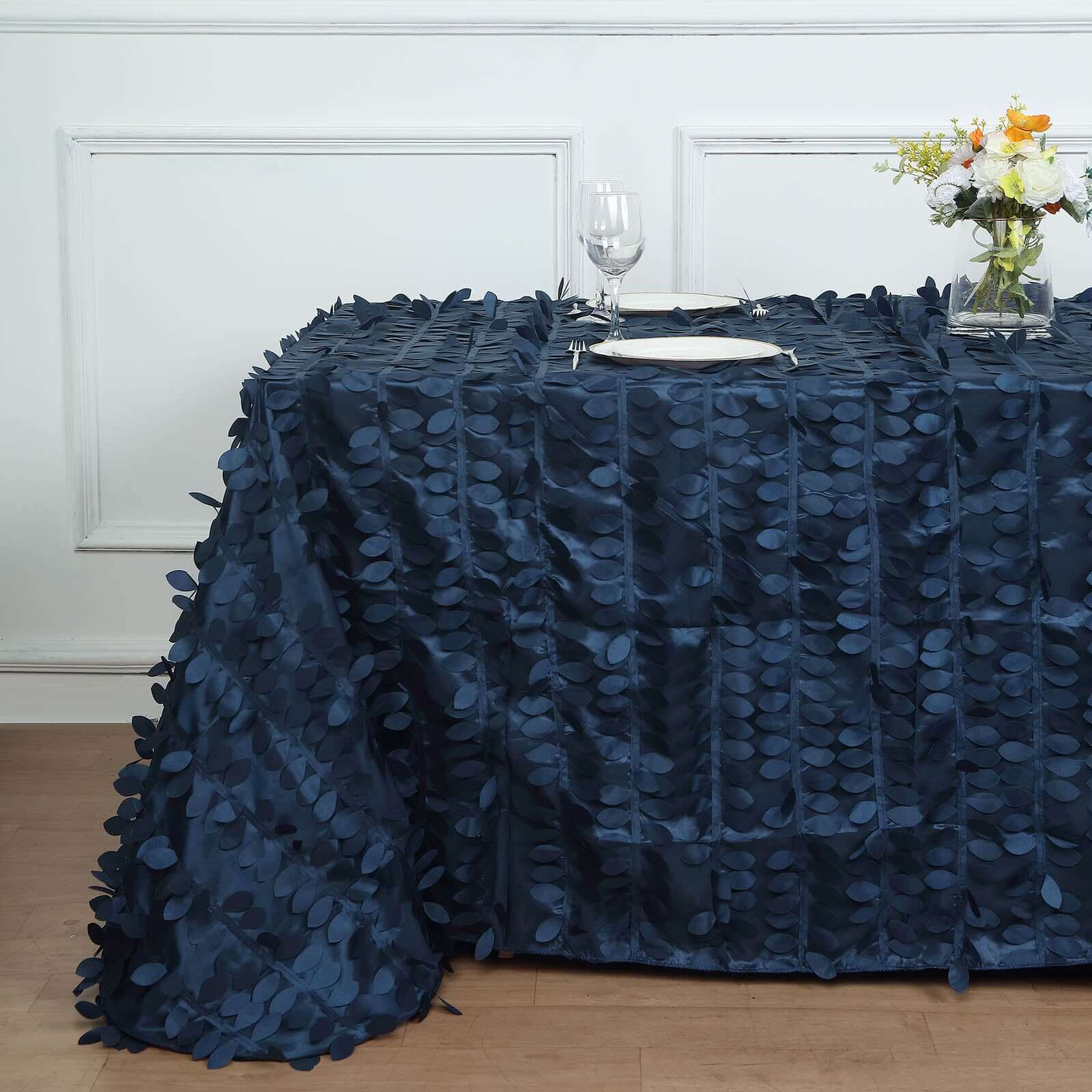 Taffeta 90"x156" Rectangle Tablecloth Navy Blue | 3D Leaf Petal Design Seamless Table Cover