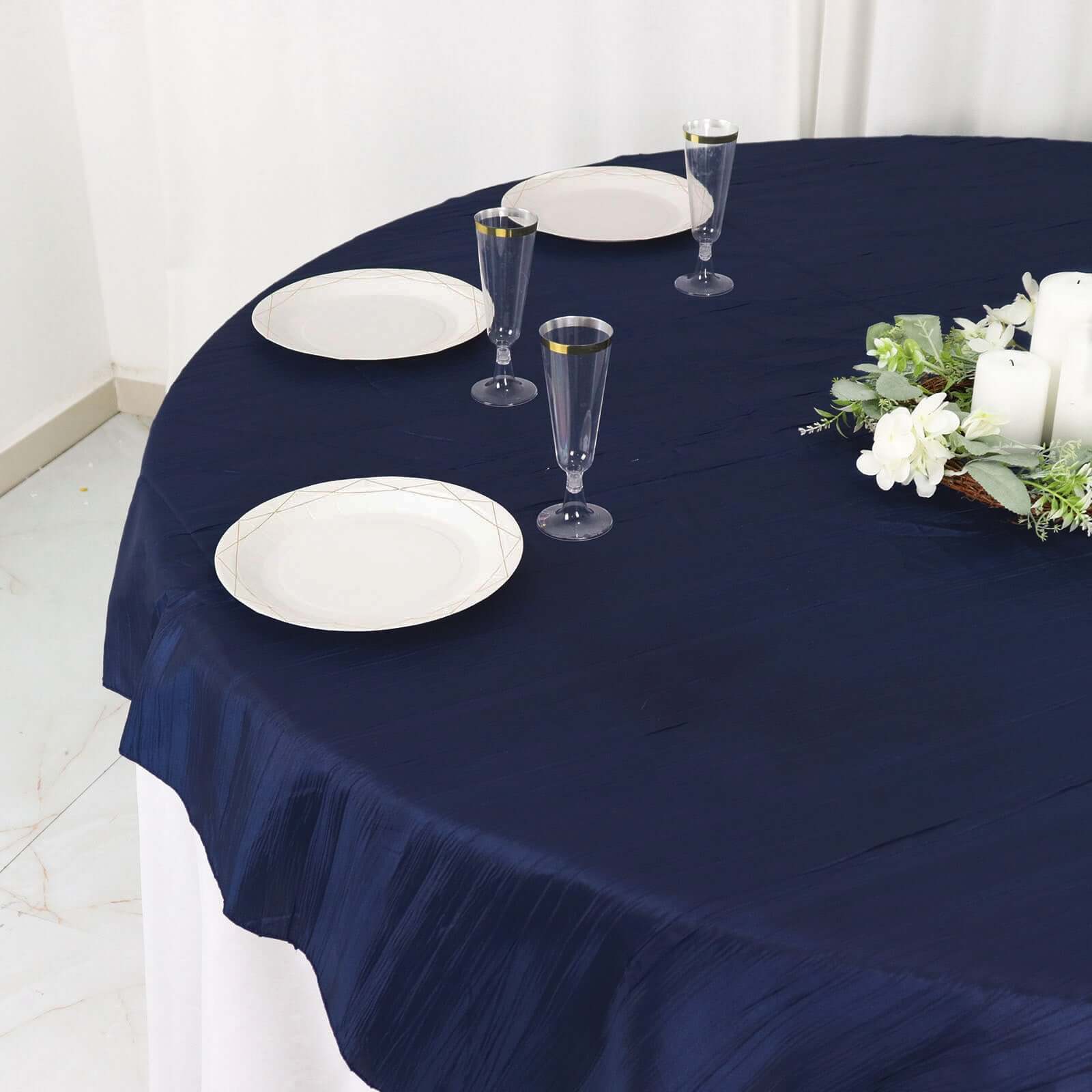 Taffeta 72"x72" Table Overlay Square Tablecloth Navy Blue - Accordion Crinkle Table Cover