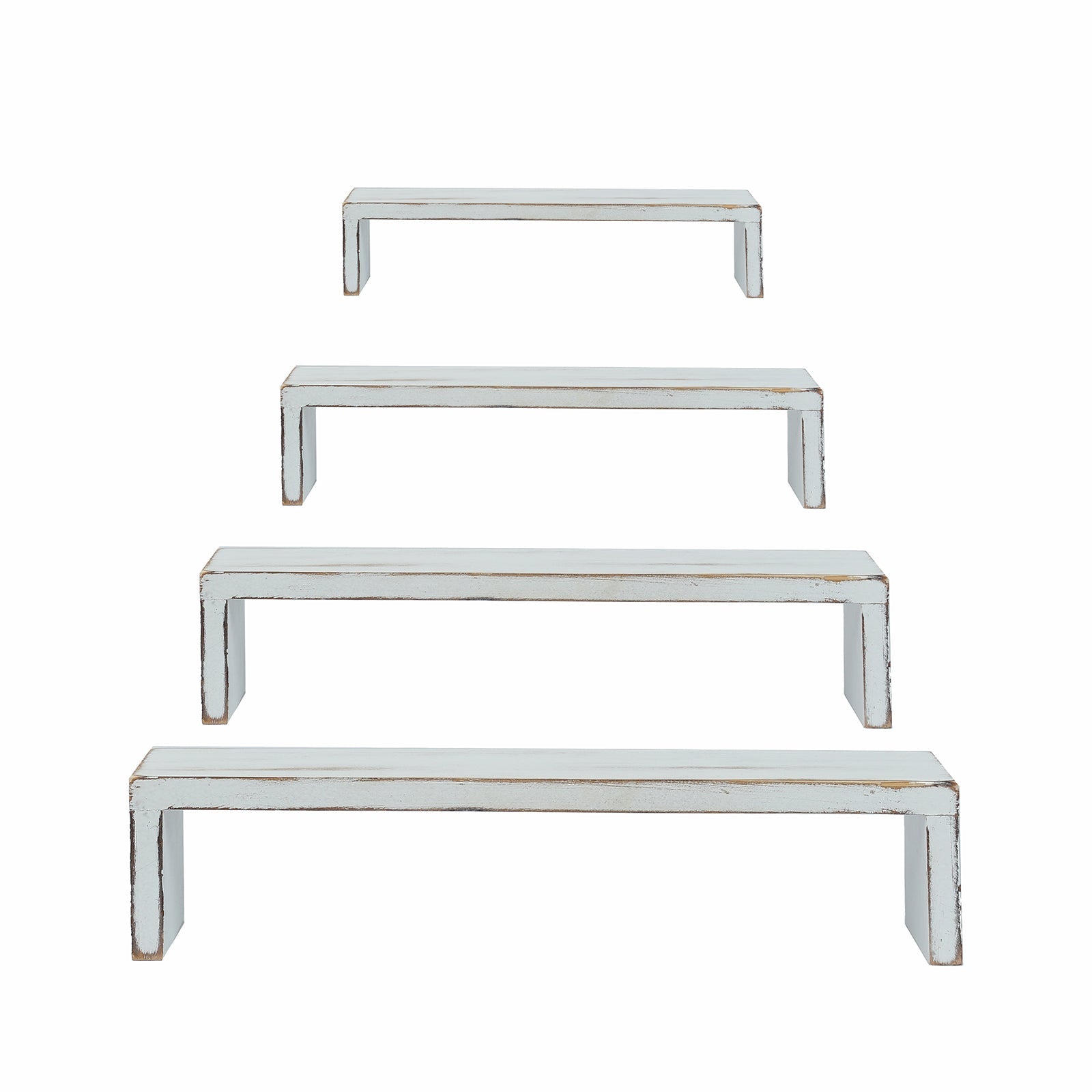 Set of 4 Wooden Display Risers Whitewash Rectangular Bench Style - Stackable Rustic Farmhouse Nesting Stands 14", 16", 17", 19"