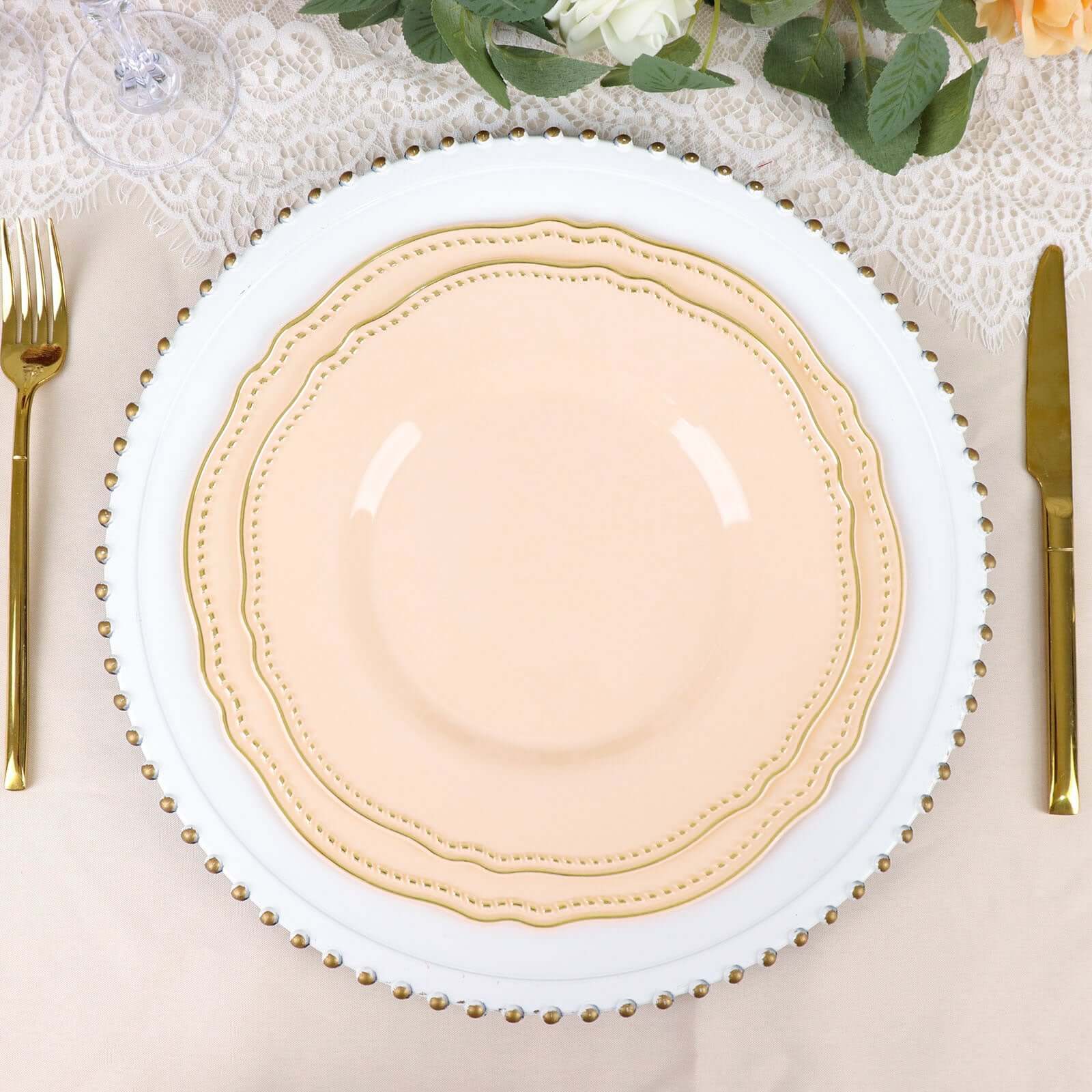 10-Pack Plastic 10" Dinner Plates in Nude with Gold Scalloped Rim - Disposable Large Party Plates