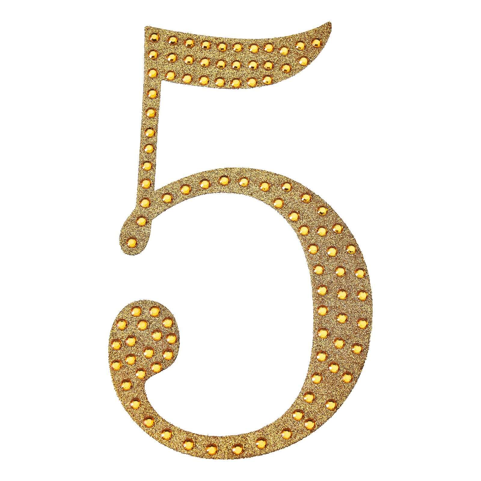 Decorative Rhinestone Number "5" Stickers, Glitter Adhesive Craft Numbers Gold DIY Sparkle Embellishments 6"