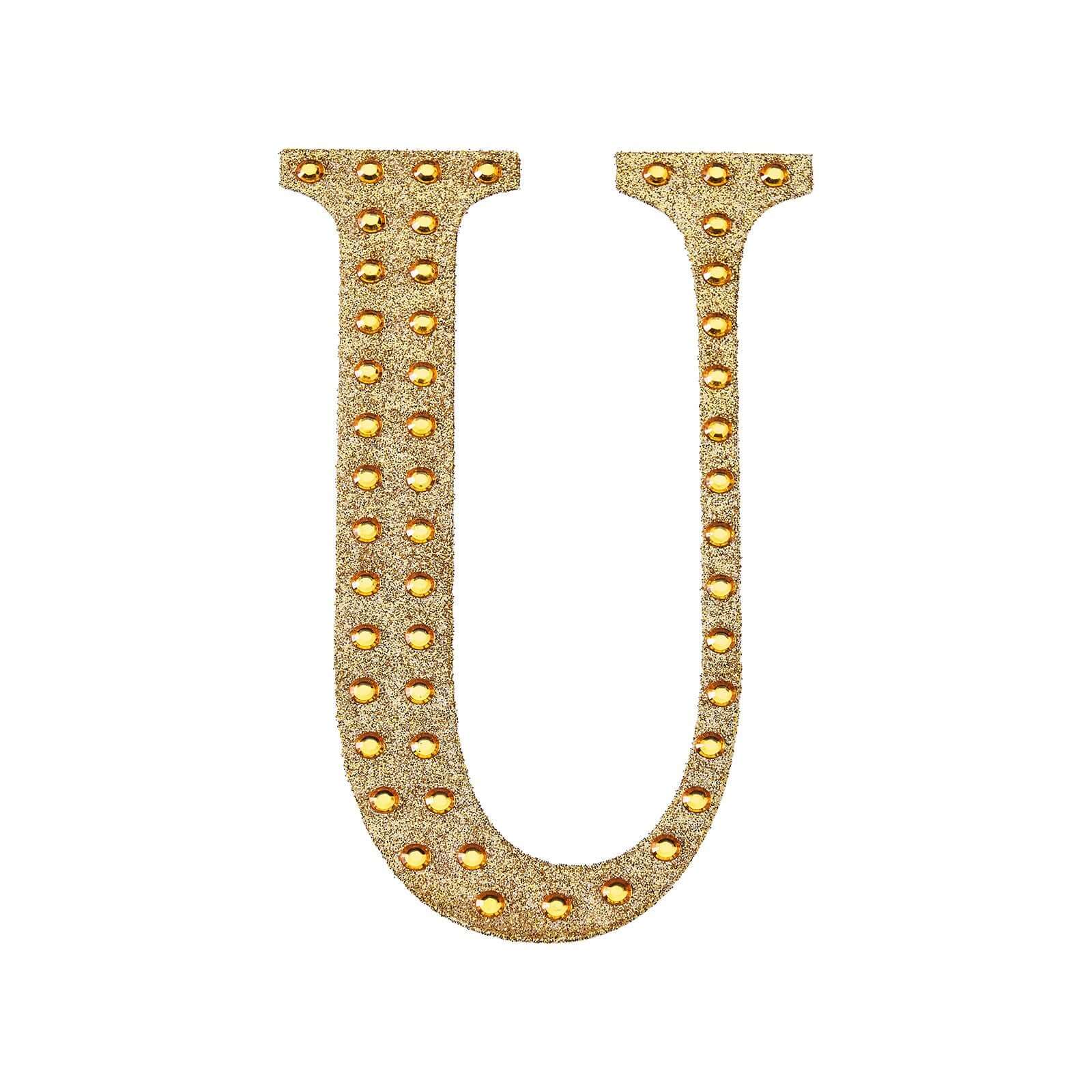 Decorative Rhinestone Alphabet "U" Letter Stickers, Glitter Adhesive Craft Letters Gold DIY Sparkle Embellishments 4"