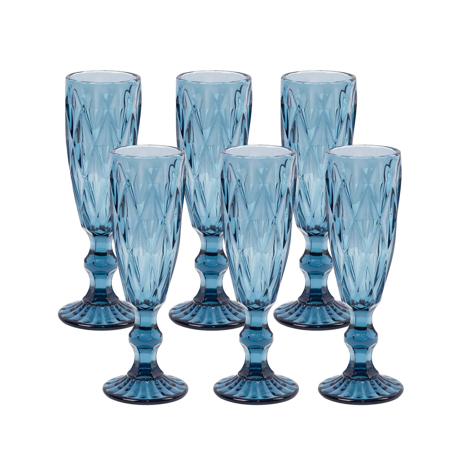 6-Pack Champagne Flute Glasses Transparent Ocean Blue Textured Crystal Cut Design - Chic Wine Goblets for Parties & Events 6oz 8"