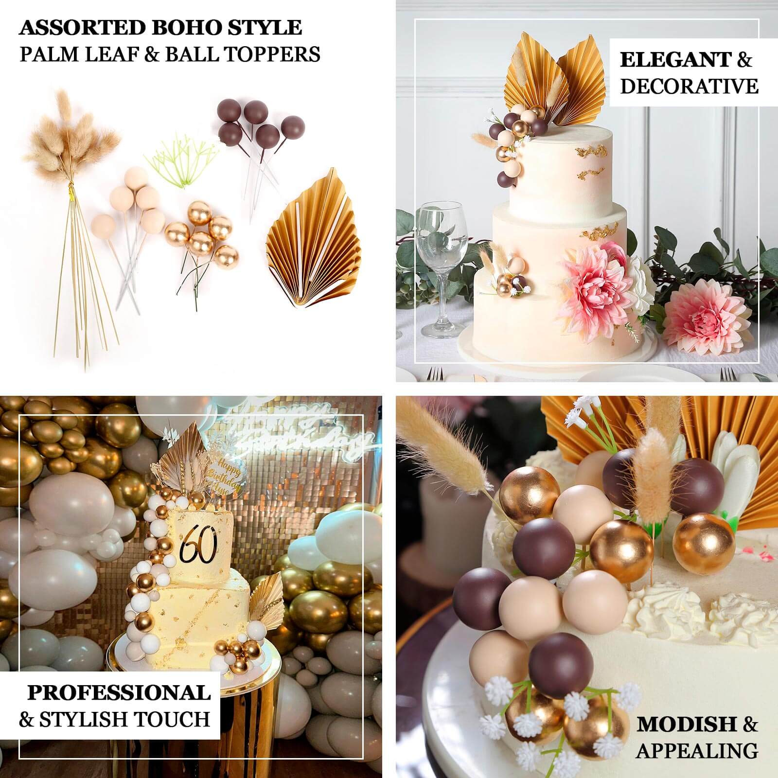 25-Pack Cake Toppers Gold Boho Style Palm Leaf and Flower Ball Design - Coffee Ball Cake Decoration Set Assorted