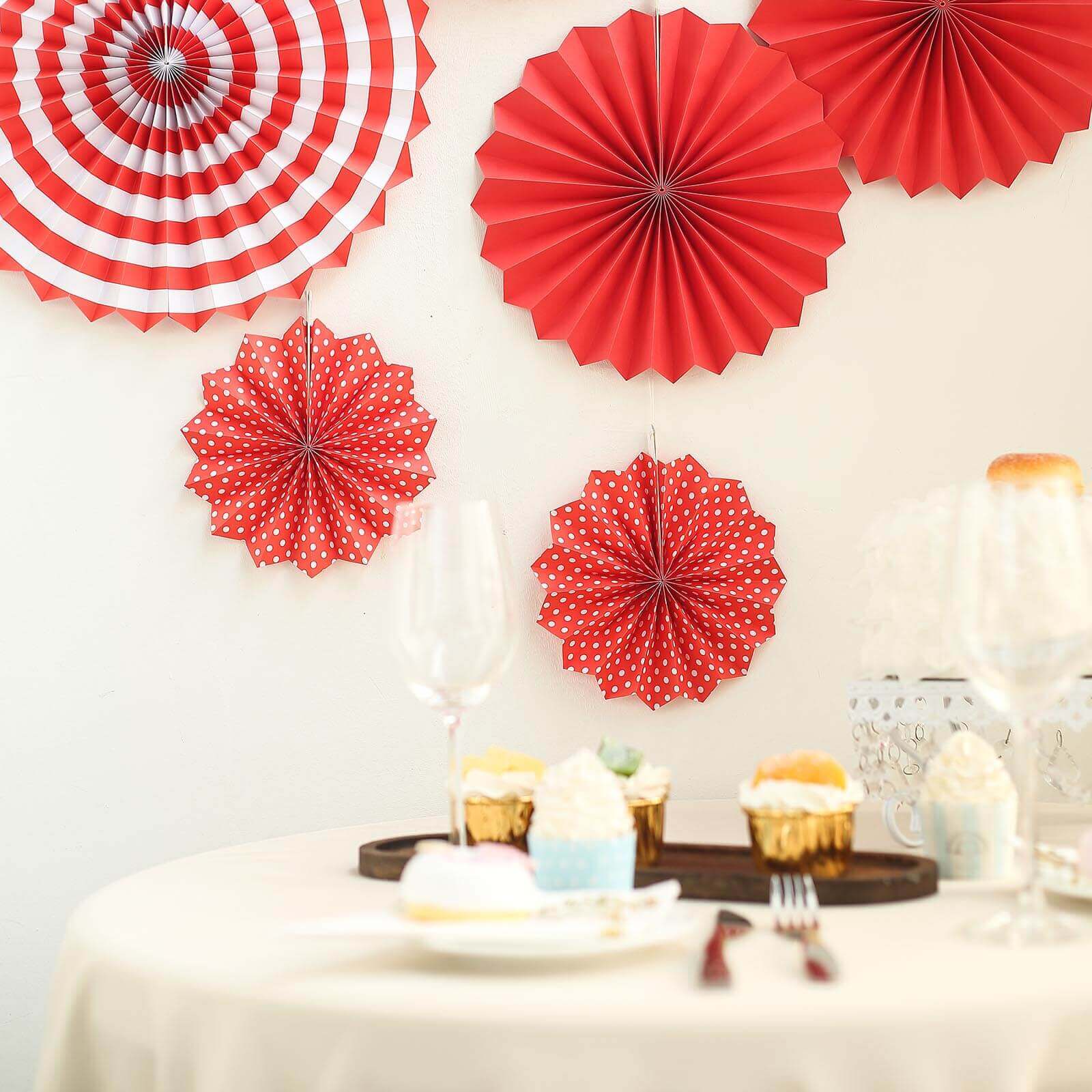 Set of 6 Red Hanging Paper Fan Decorations, Pinwheel Wall Backdrop Party Kit - 8", 12", 16"