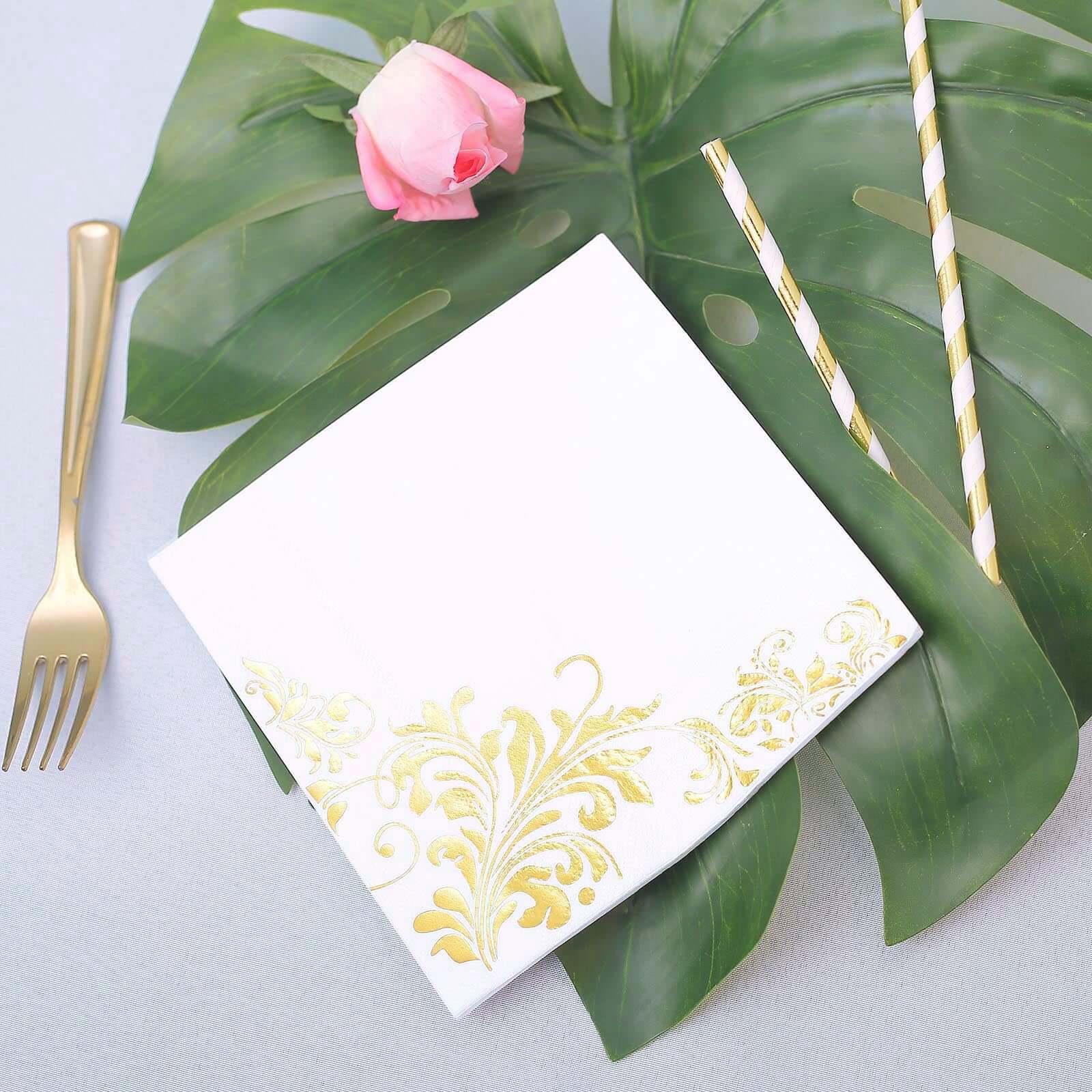 20-Pack Paper Dinner Napkins with Floral Design Metallic Gold - Disposable 3 Ply Cocktail Napkins for Weddings