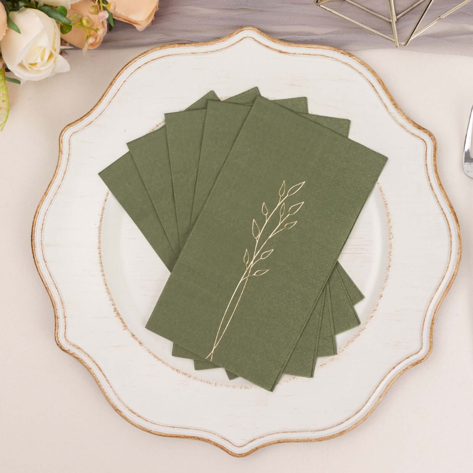50-Pack Paper Dinner Napkins Dusty Sage Green with Gold Embossed Leaf - Stylish 2-Ply Disposable Napkins for Weddings 18GSM