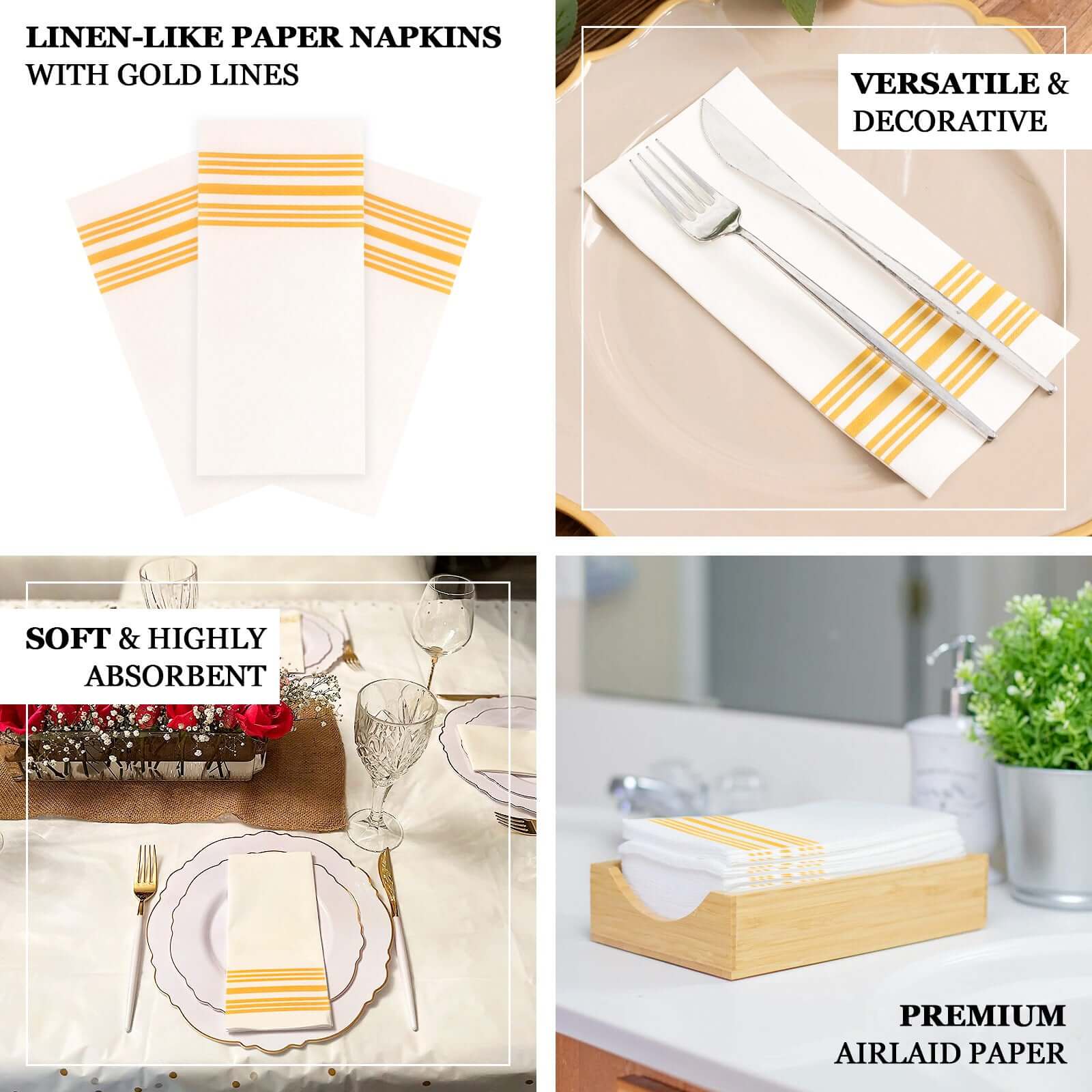 20 Pack Linen-Like Paper 8"x4" Napkins White With Gold Lines - Soft Hygienic Airlaid Guest Towels