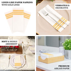 20 Pack Linen-Like Paper 8"x4" Napkins White With Gold Lines - Soft Hygienic Airlaid Guest Towels