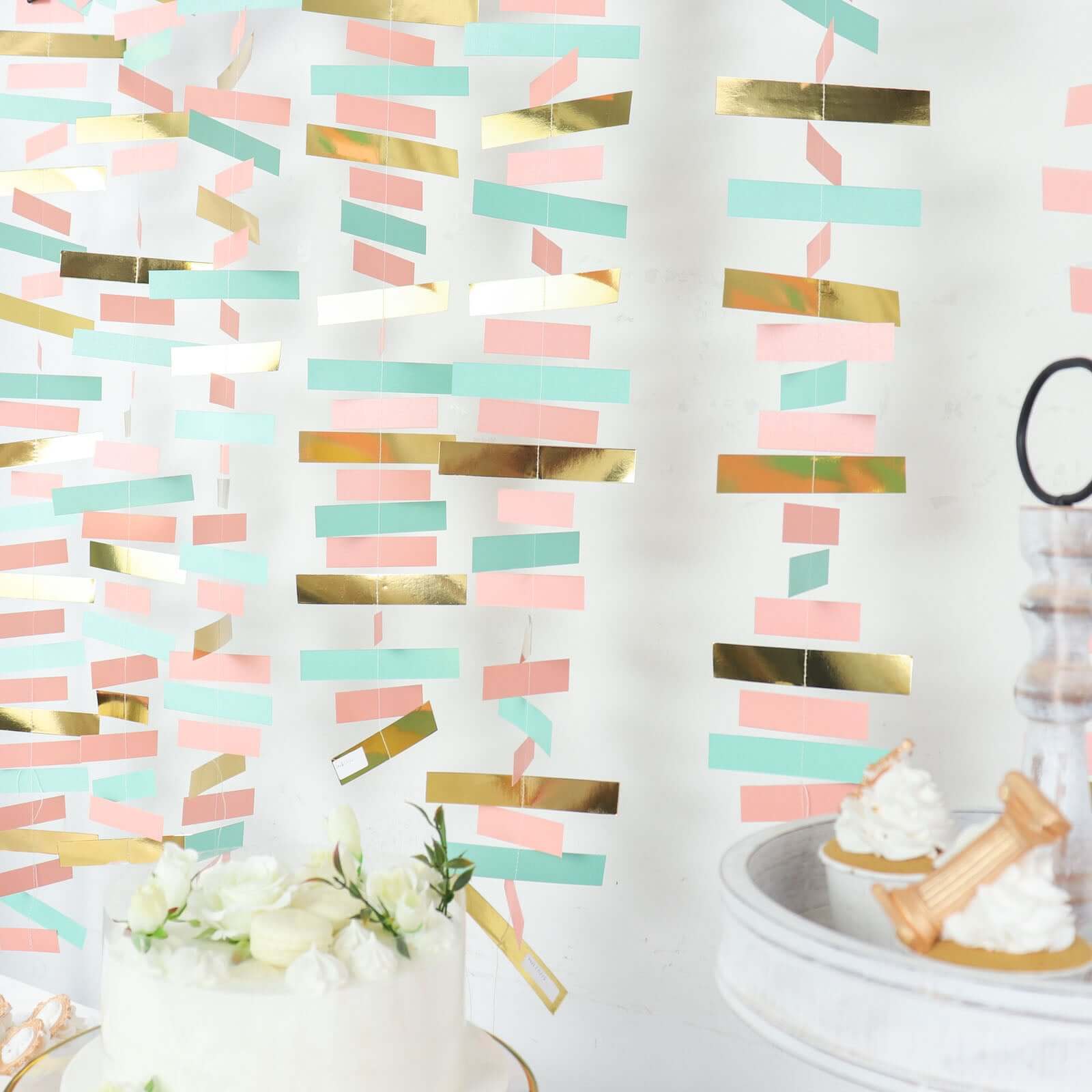Gold, Blush and Turquoise Confetti-Like Paper Party Garland Streamer, Hanging Backdrop Decoration - 6.5ft