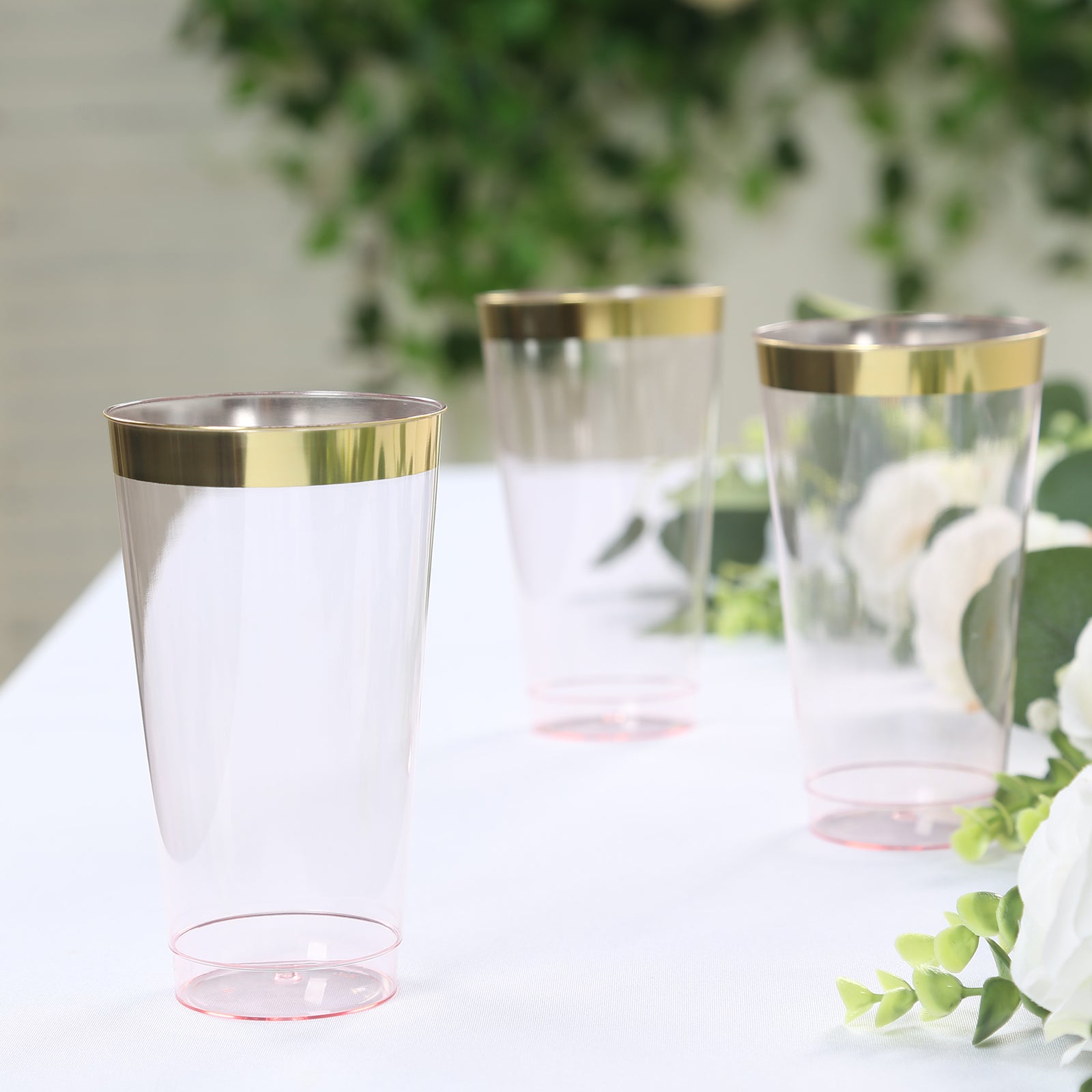 12-Pack Plastic Party Cups Transparent Blush with Gold Rim - Durable Disposable Tumblers for Drinks 17oz 5.5"
