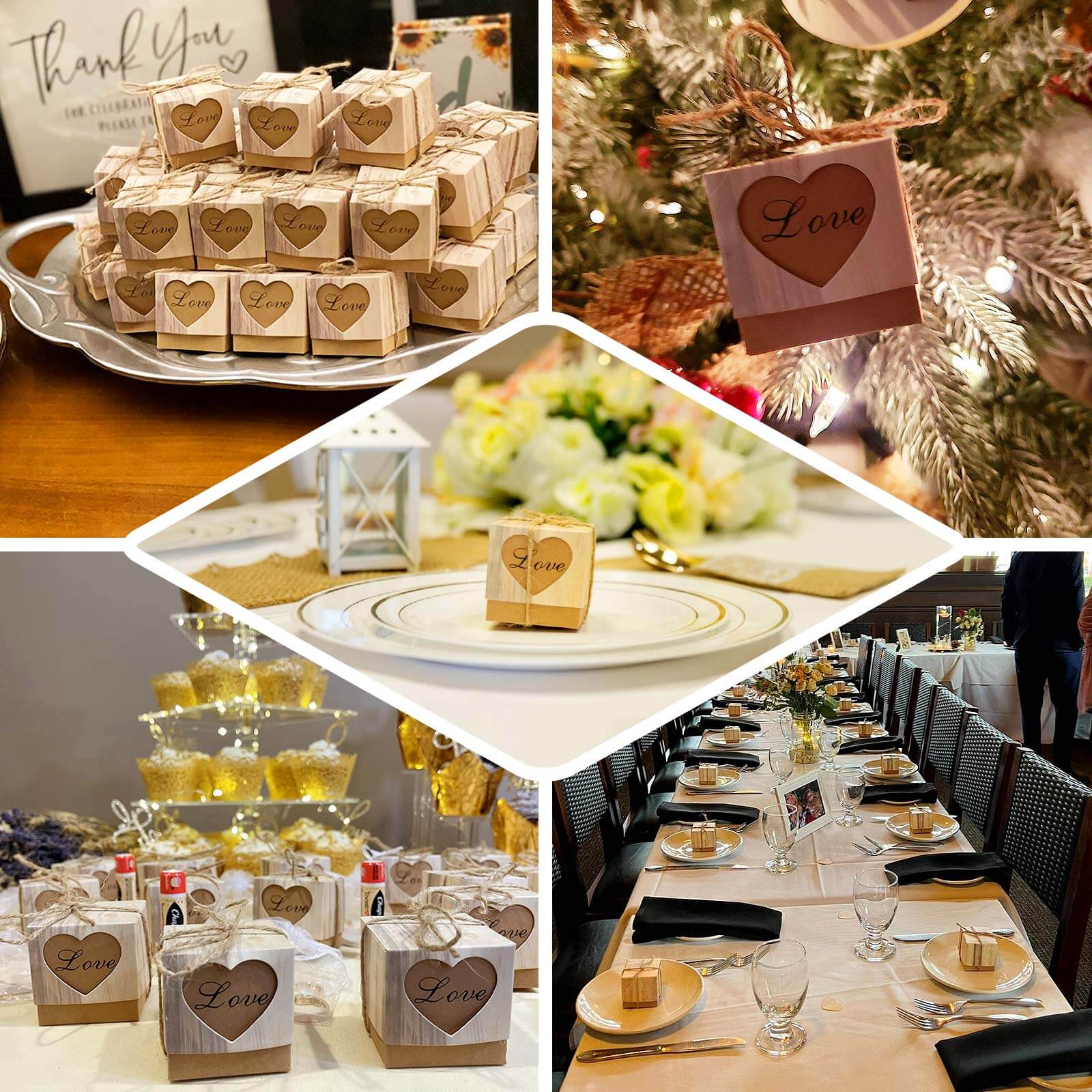 25 Pack 2.5" Rustic Wood Pattern Natural Brown Paper Candy Gift Boxes, Square Party Favor Boxes with Burlap Jute Twine and Love Heart Cut Out