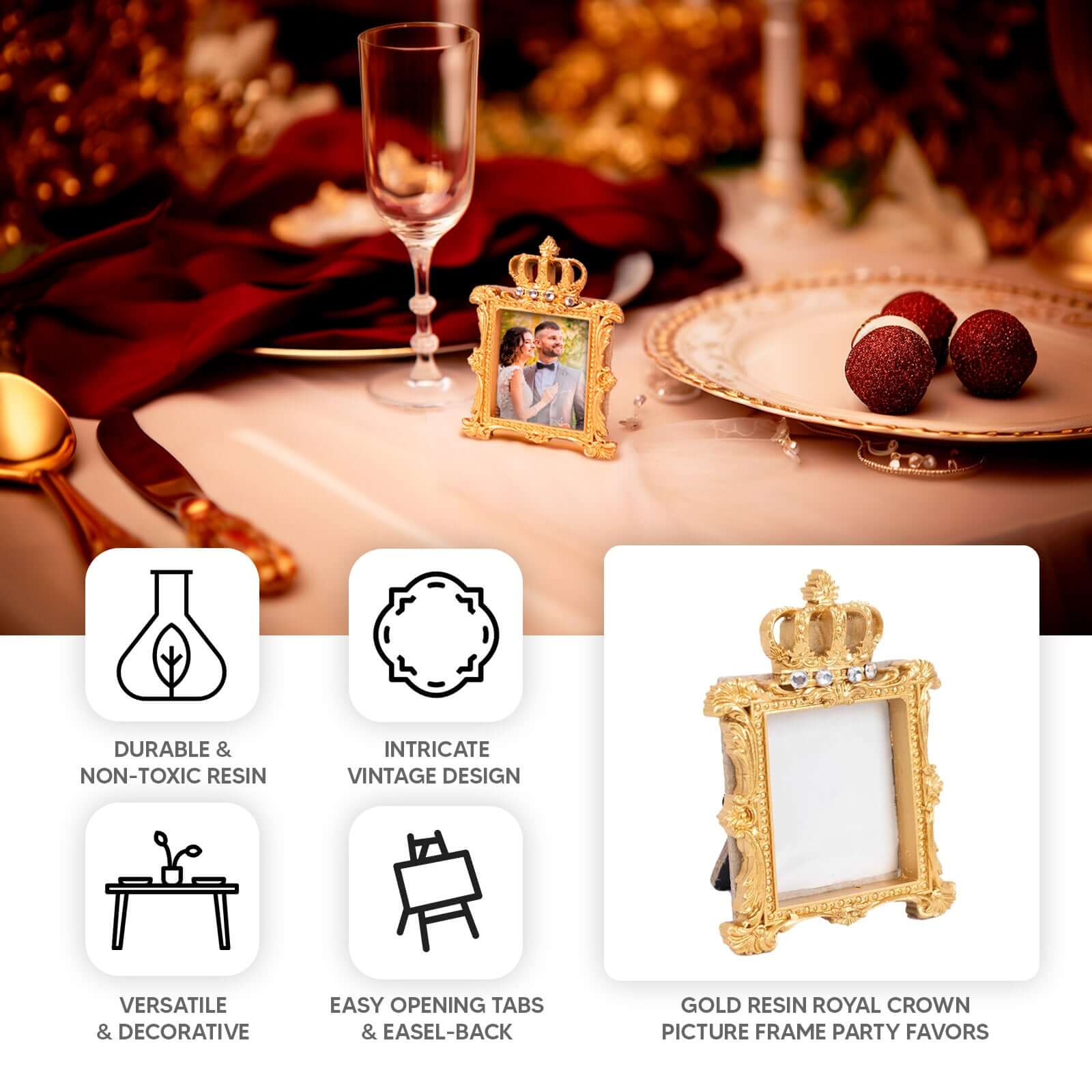 4-Pack Picture Frames Gold Resin Royal Crown Design Square - Baroque Wedding Place Card Holders & Party Favors 3.5"