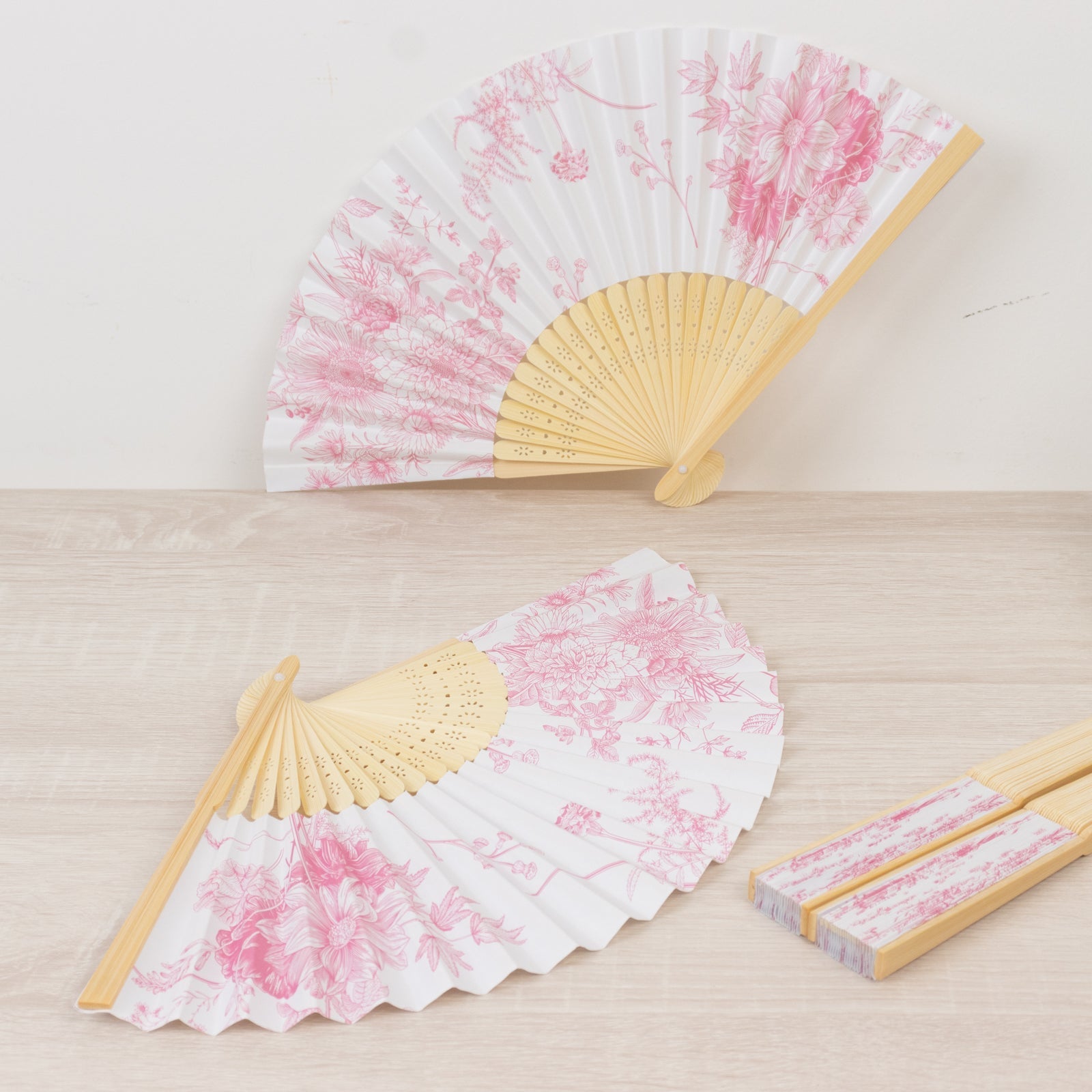 5-Pack Paper Folding Fans Party Favors in White & Pink French Toile Pattern, Handheld Fans with Bamboo Frame