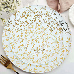 10-Pack Plastic 8" Round Salad Dessert Plates in White with Gold Leaf Design - Heavy Duty Disposable Party Plates for Stylish Events & Memorable Gatherings